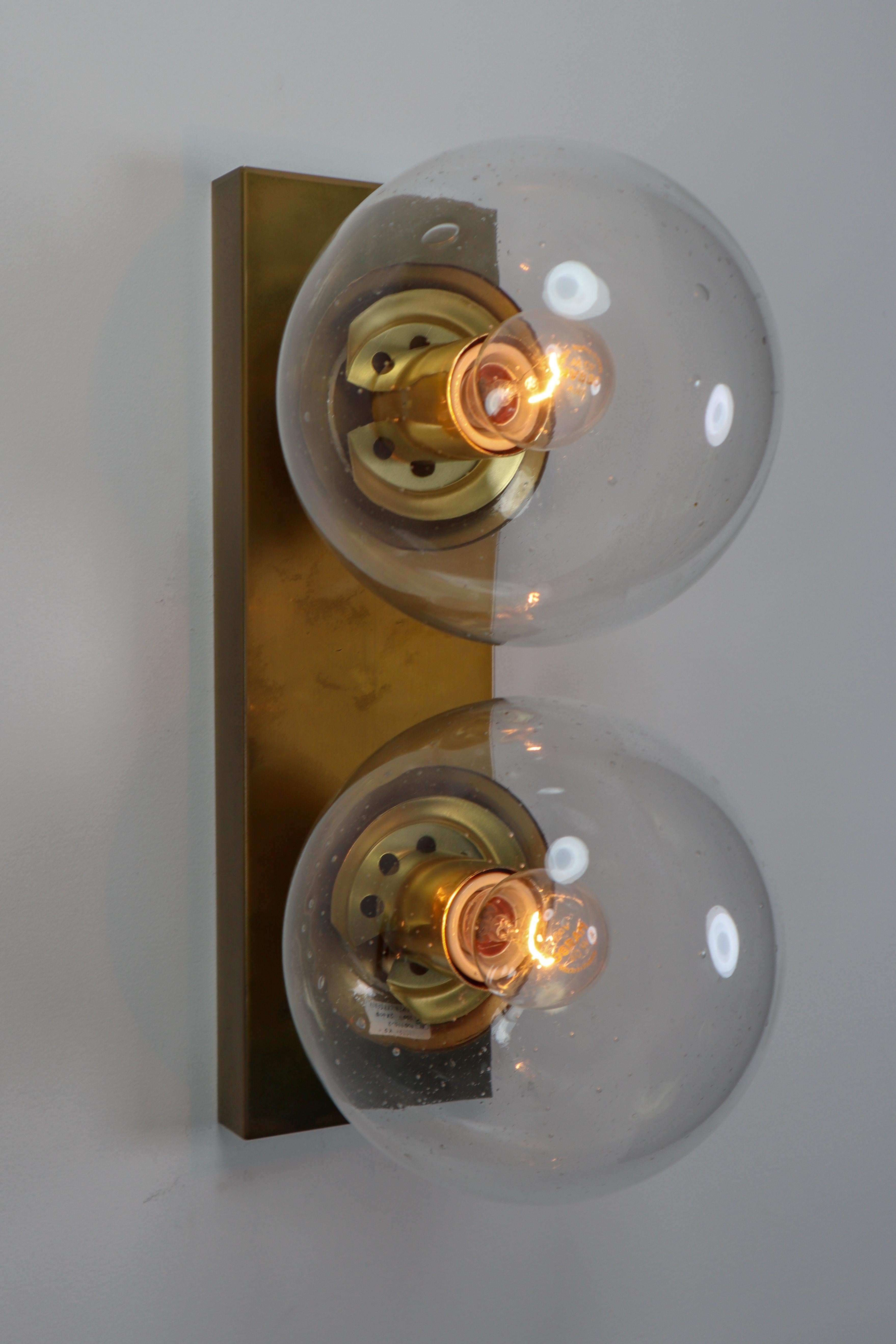 Double Brass Wall Scones with Hand Blowed Glass Globes In Good Condition In Almelo, NL