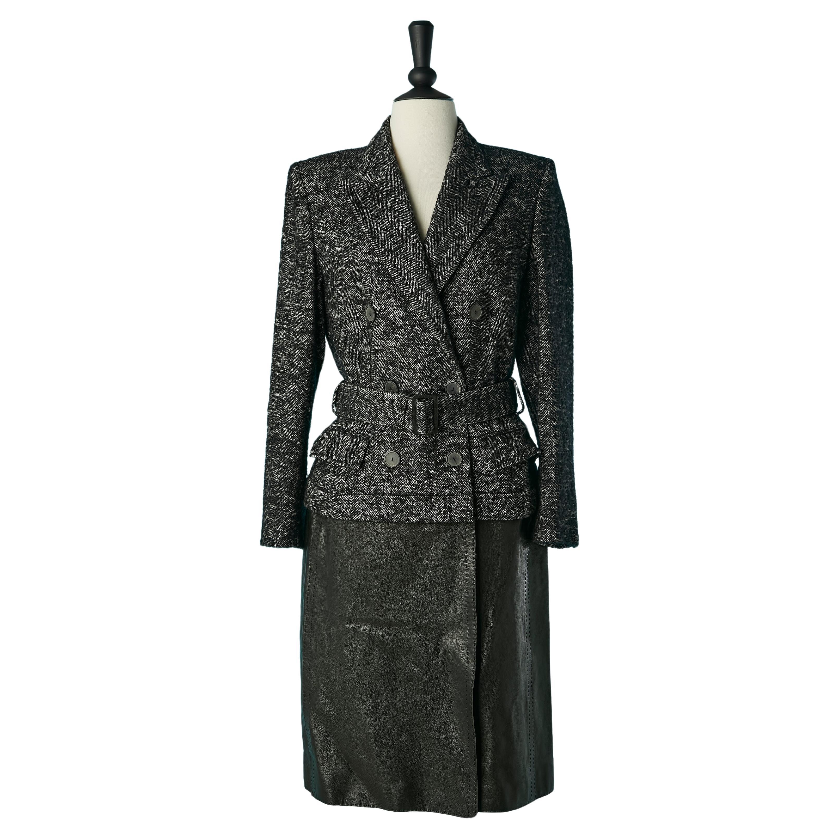 Double breasted coat half tweed, half leather Jean-Paul Gaultier Femme  For Sale