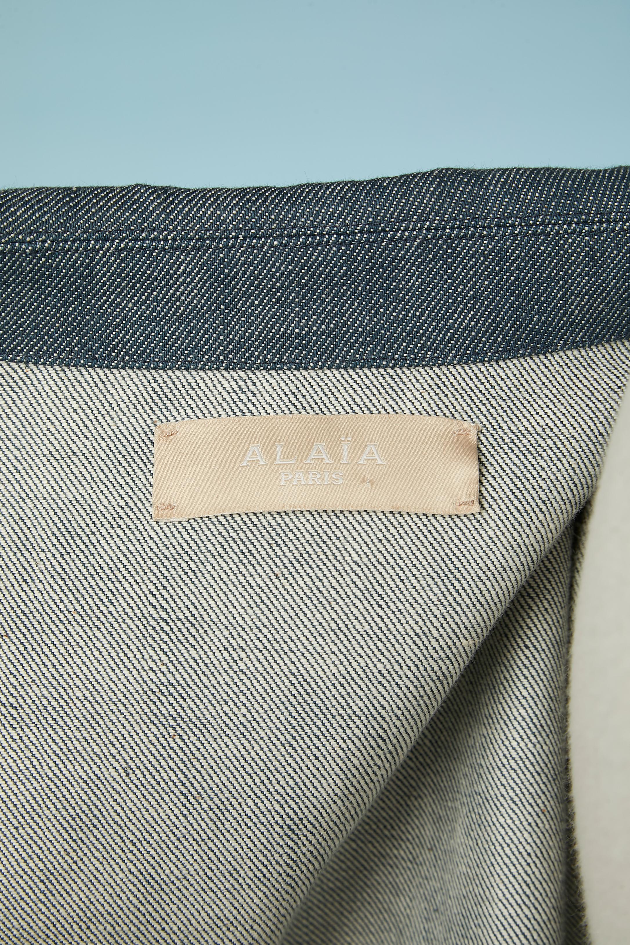 Double-breasted coat in denim with cut-work and branded snap Alaïa For Sale 1