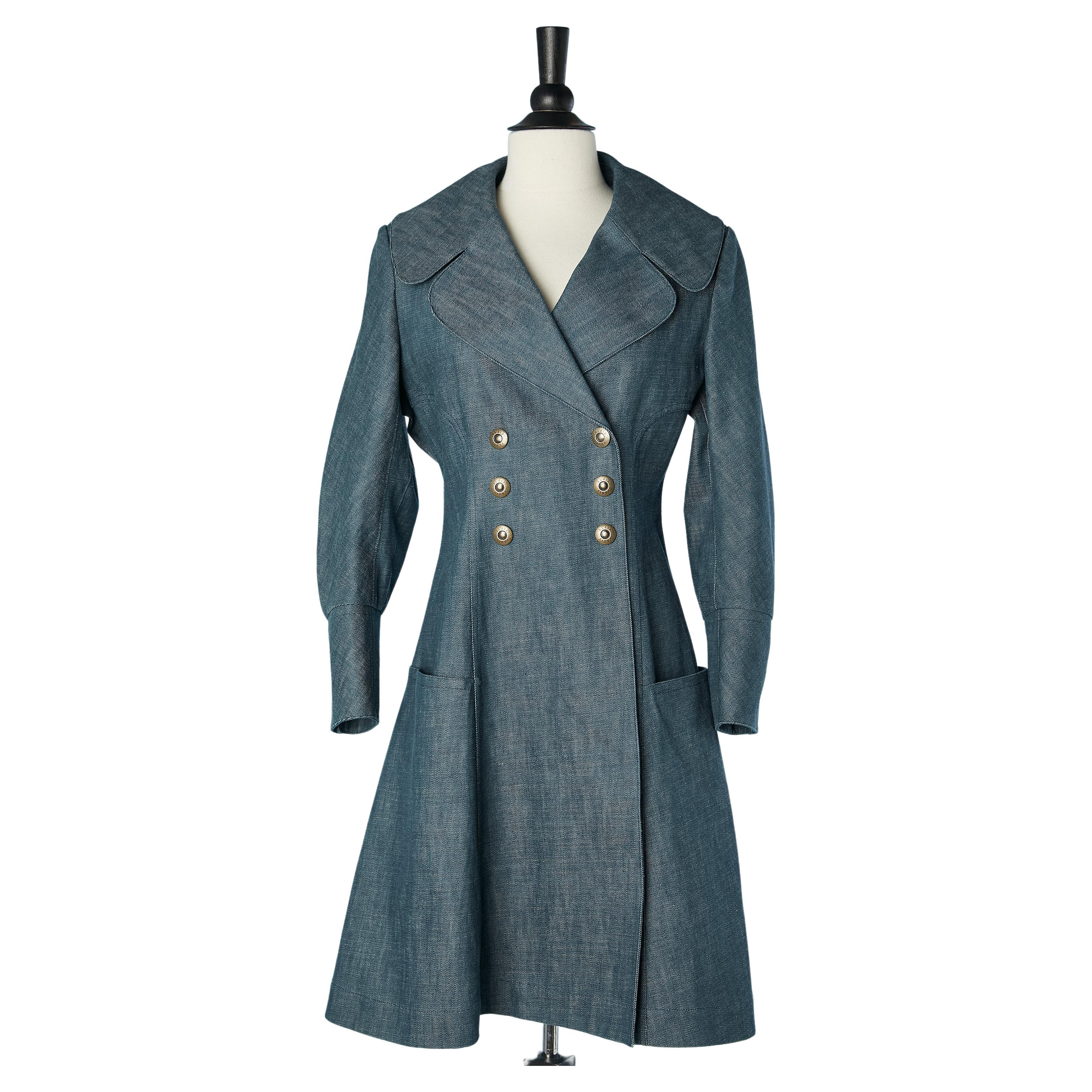 Double-breasted coat in denim with cut-work and branded snap Alaïa For Sale