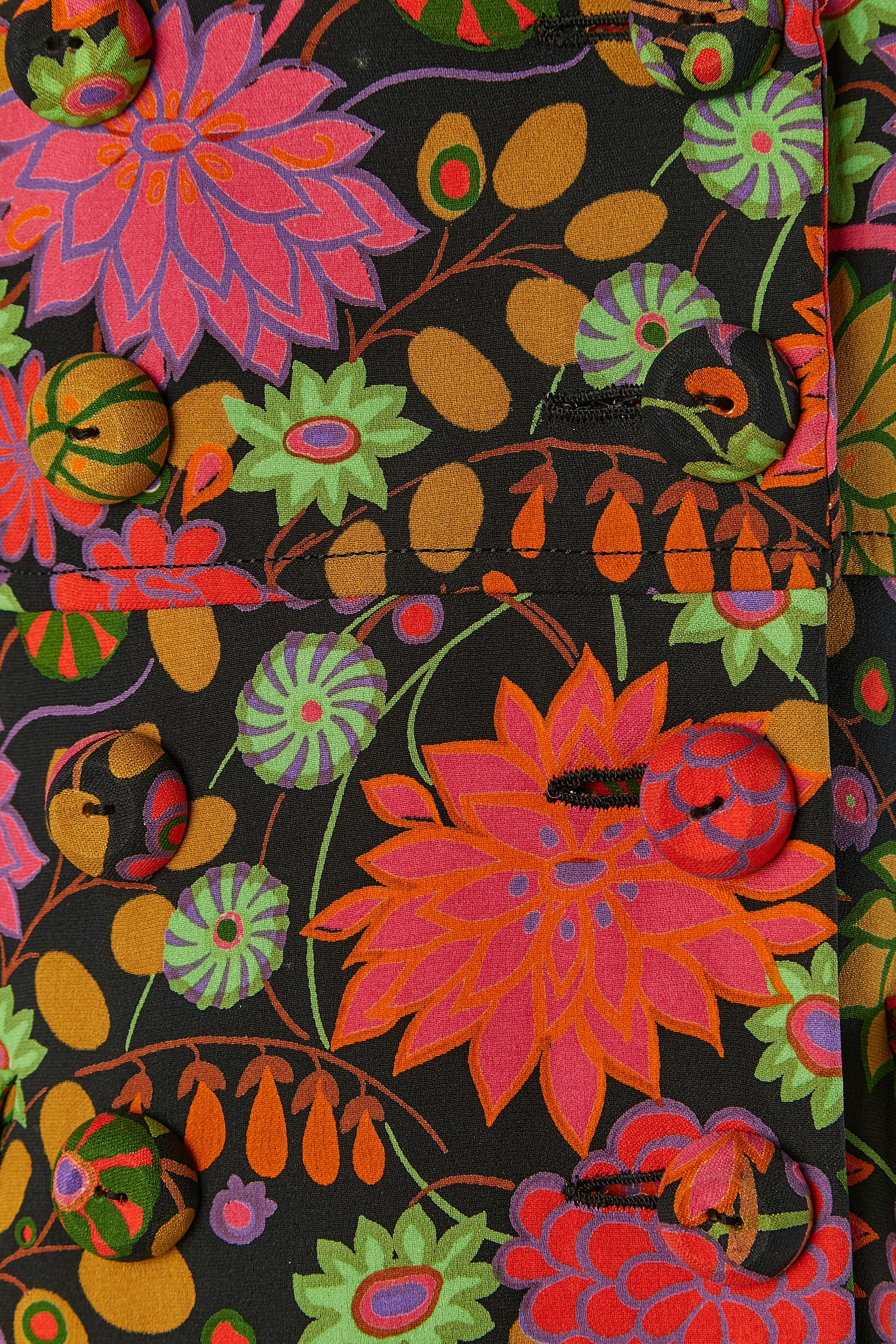 Brown Double breasted crepe coat with flower print TORRENTE For Sale