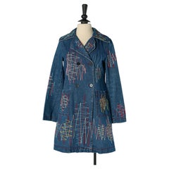 Double breasted denim coat with top-stitching embroidery MOSCHINO JEANS