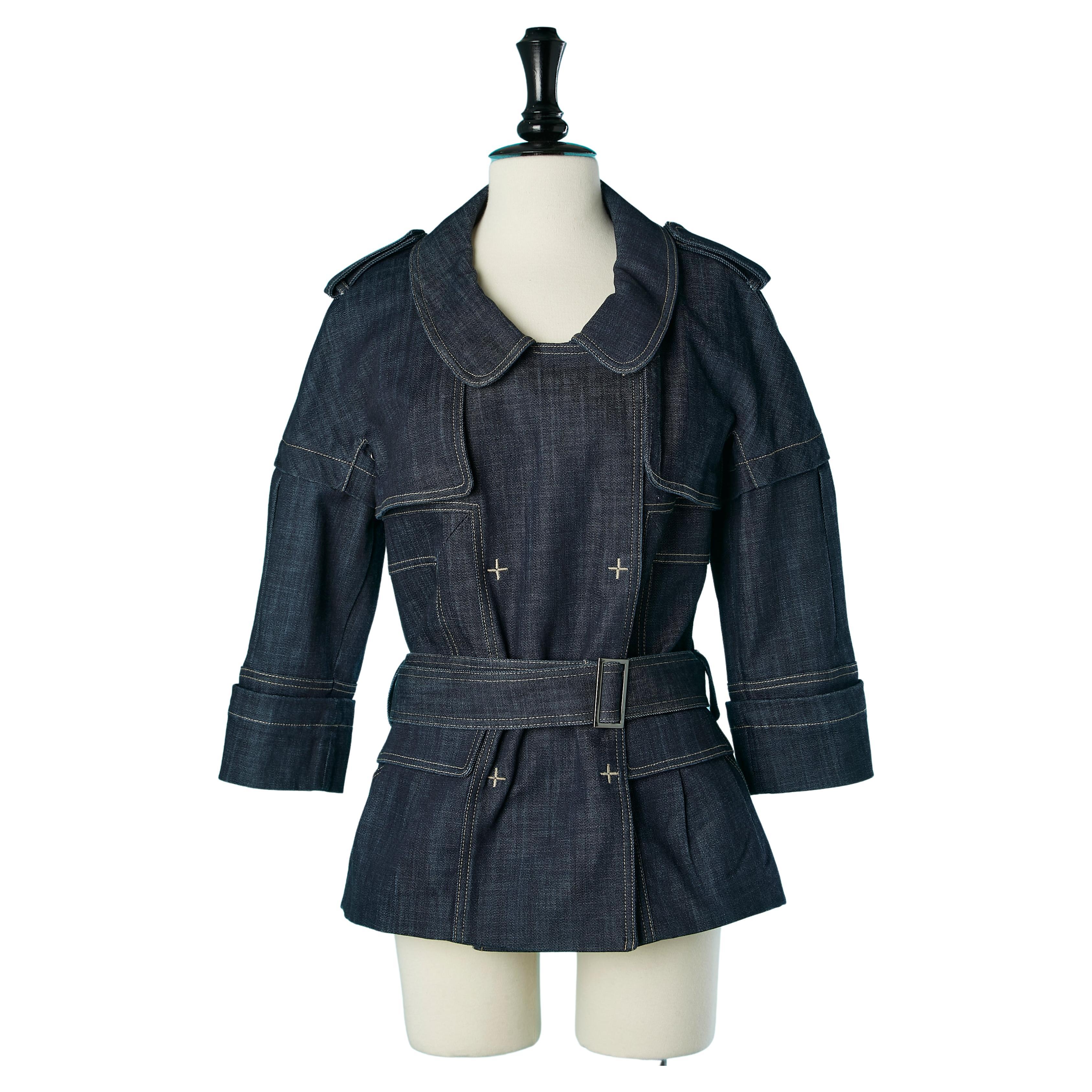 Zweireihige Denim-Jacke mit Trenchcoat-Stoff im Stil von Christian Lacroix  im Angebot