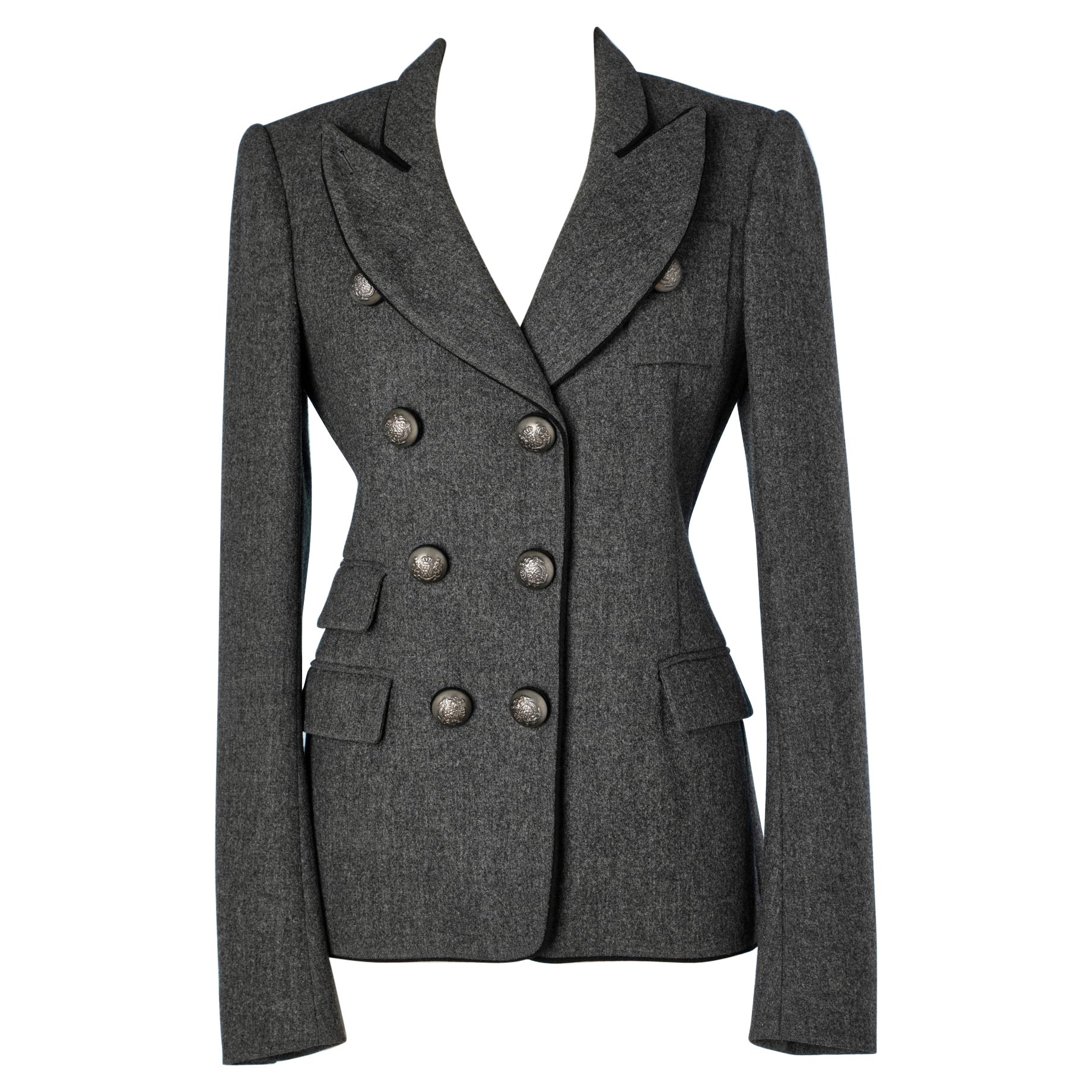 Blazer double boutonnage en laine grise avec boutons de sceau Balenciaga par N. Ghesquière