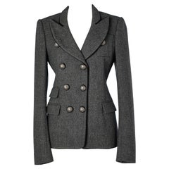 Blazer double boutonnage en laine grise avec boutons de sceau Balenciaga par N. Ghesquière