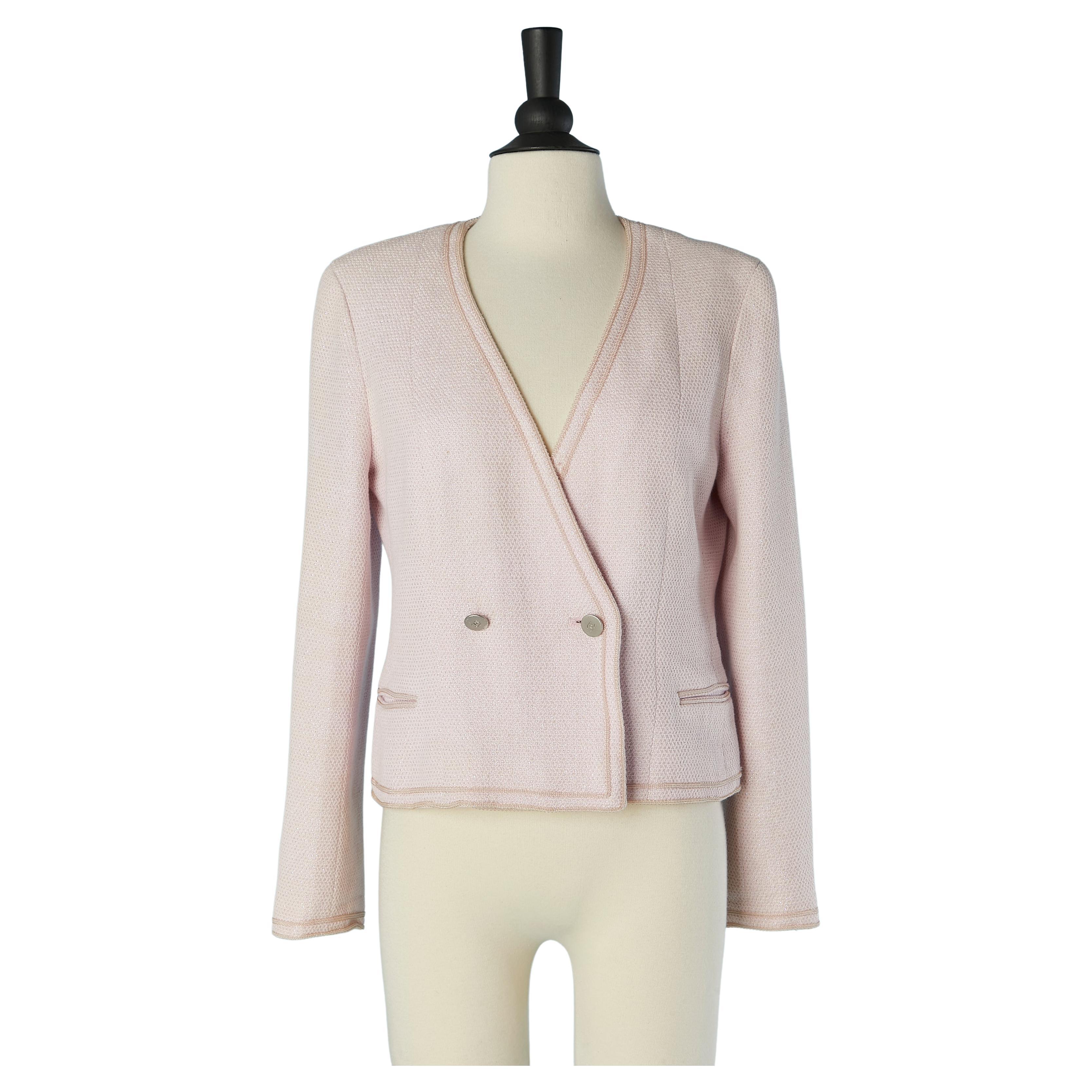 Double breasted jacket in pink cotton and purple lurex thread  Chanel Boutique For Sale
