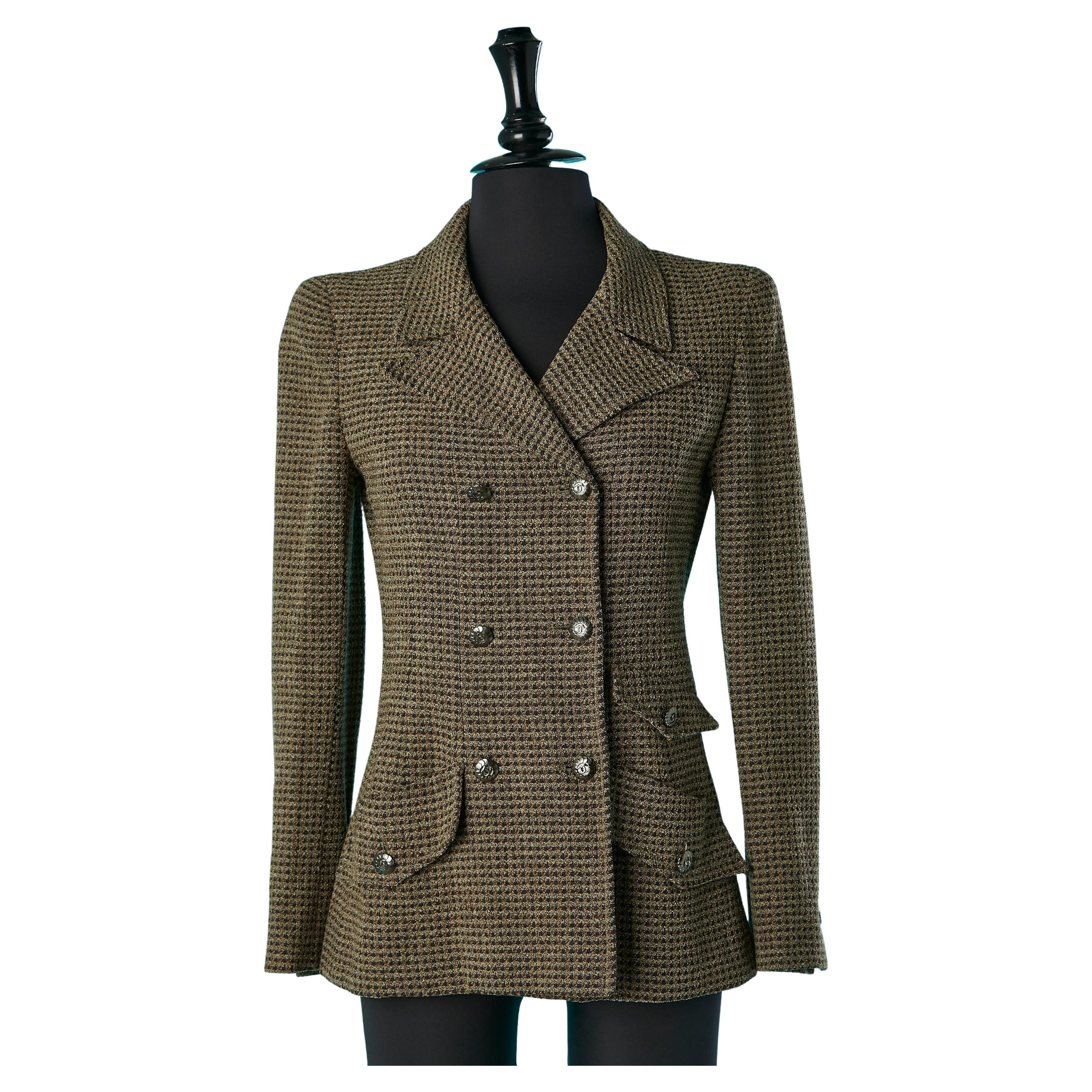 Double-breasted kaki and brown tweed jacket Chanel Boutique  For Sale