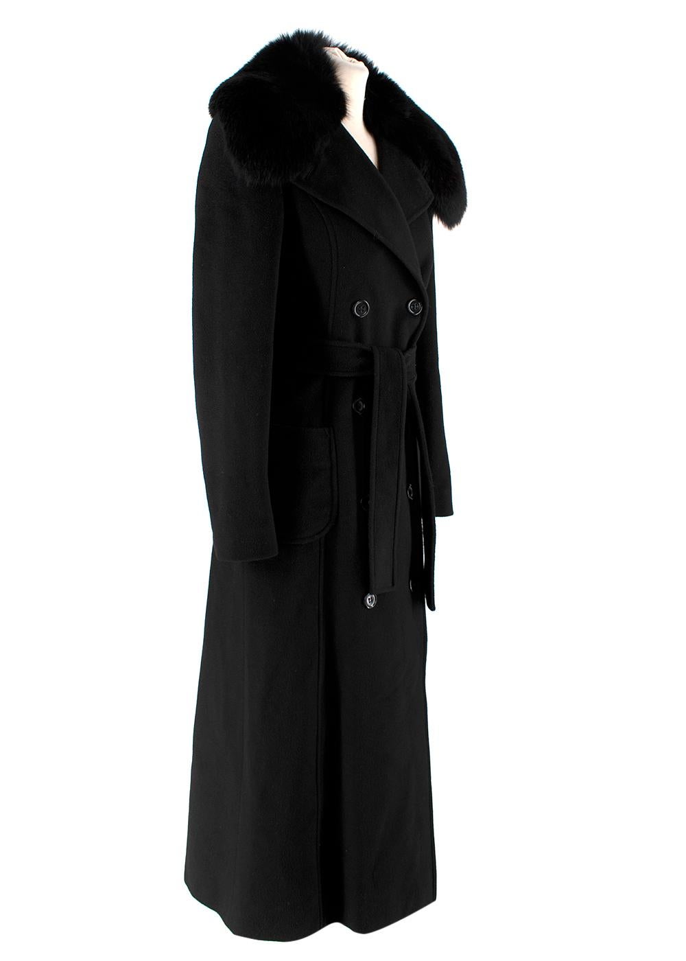 Valentino Double-Breasted Long Cashmere Coat with Mink Collar

- Beautifully cut, longline coat in cashmere felt
- Full skirted hemline
- Double-breasted bodice with notch lapels trimmed in sumptuous mink fur
- Self-tie waist belt
- Two front