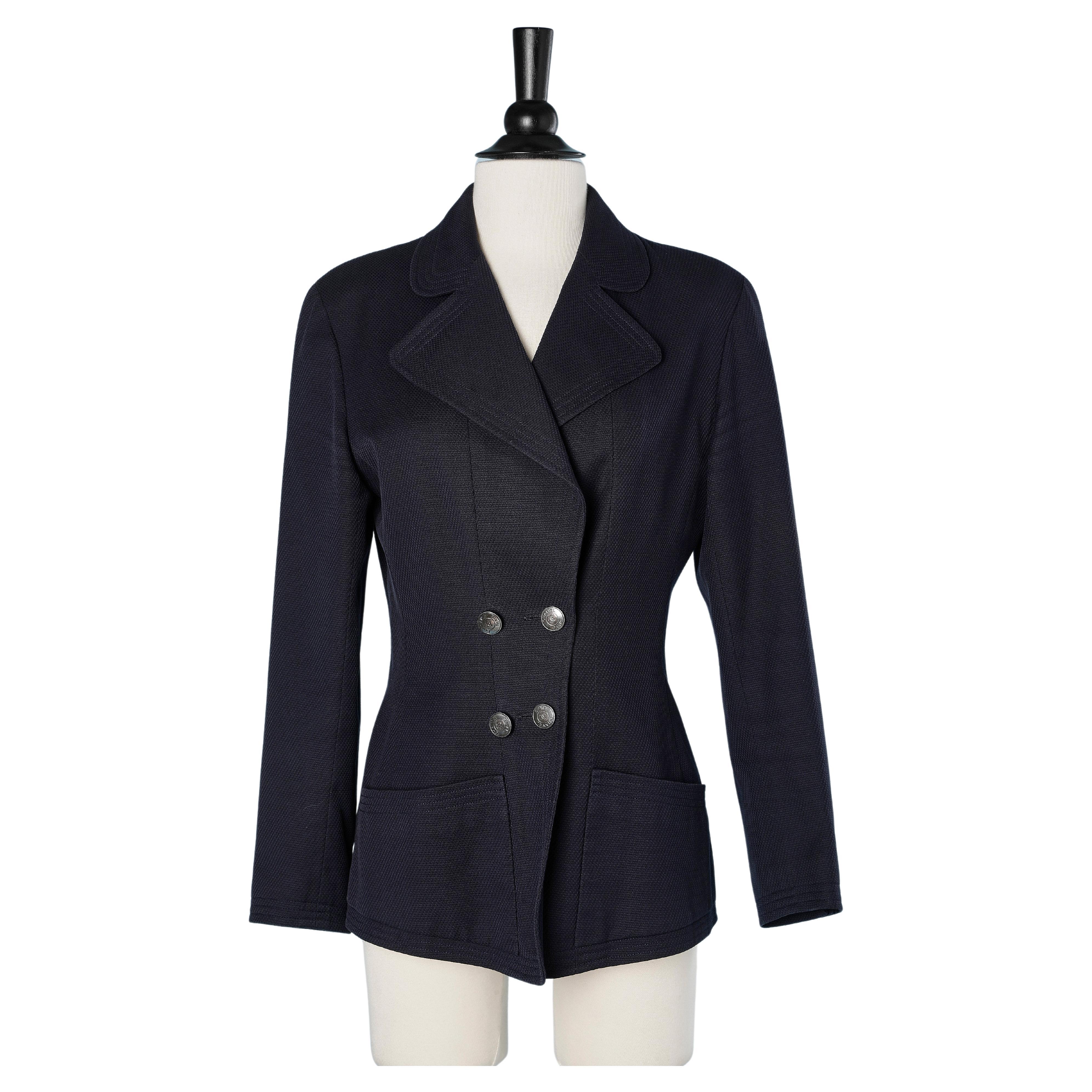Double-breasted navy blue cotton jacket Chanel Boutique  For Sale