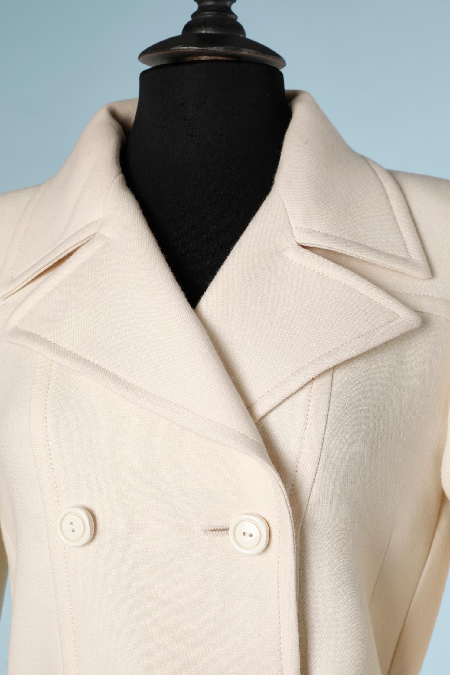 Double-breasted off-white coat with fabric belt 