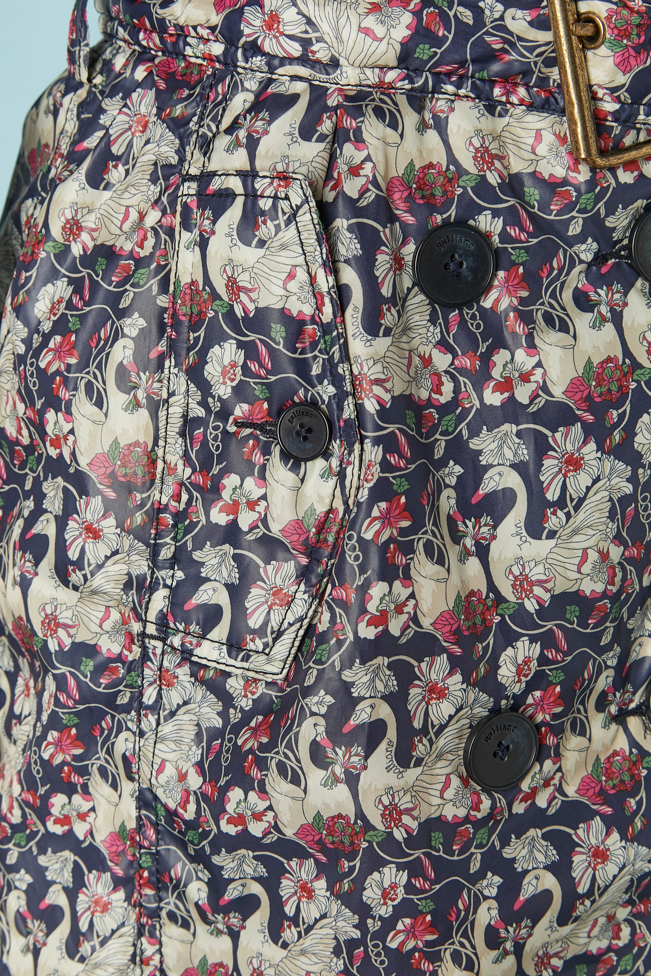 Double breasted printed trench-coat with swan and flower print GALLIANO In Excellent Condition For Sale In Saint-Ouen-Sur-Seine, FR