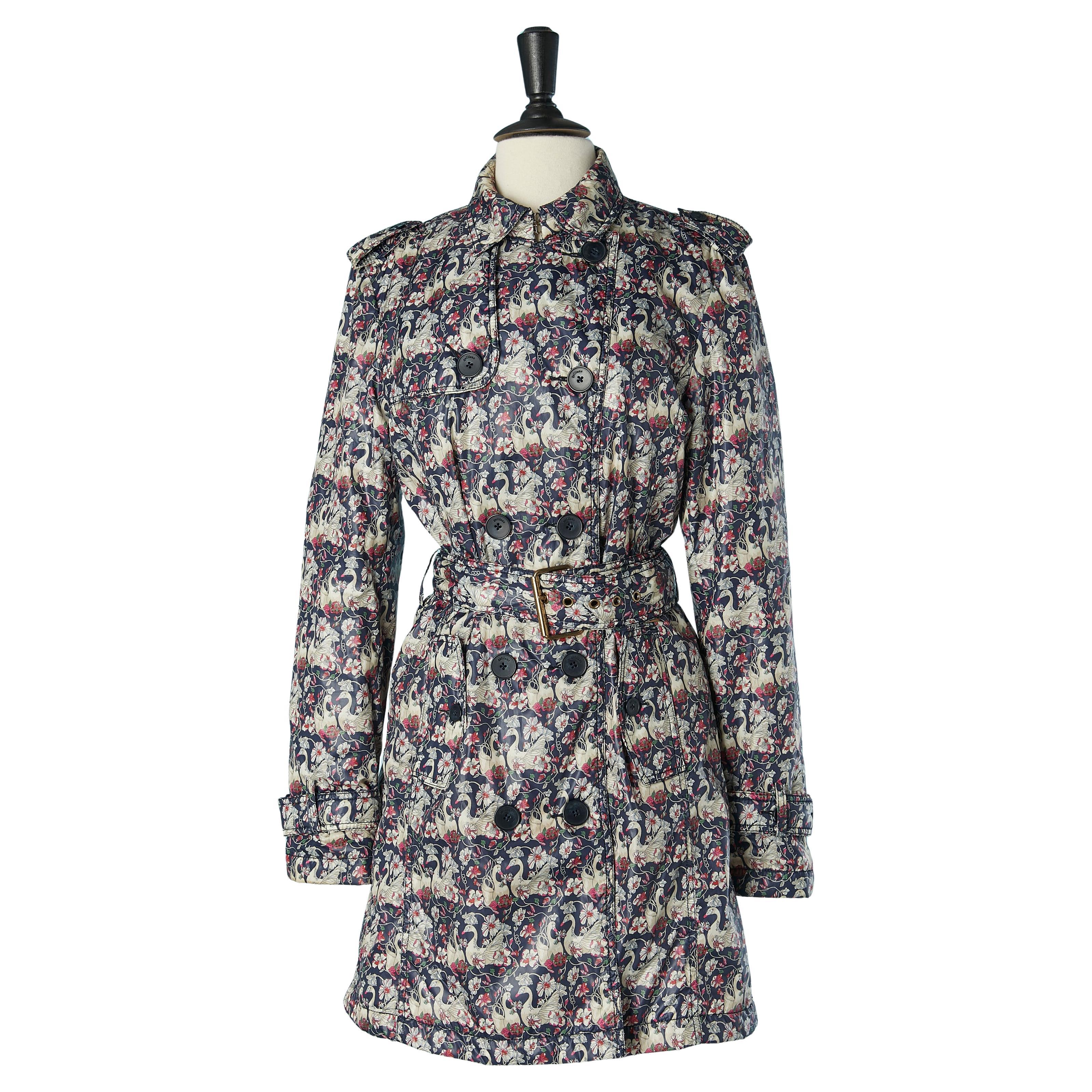 Double breasted printed trench-coat with swan and flower print GALLIANO For Sale