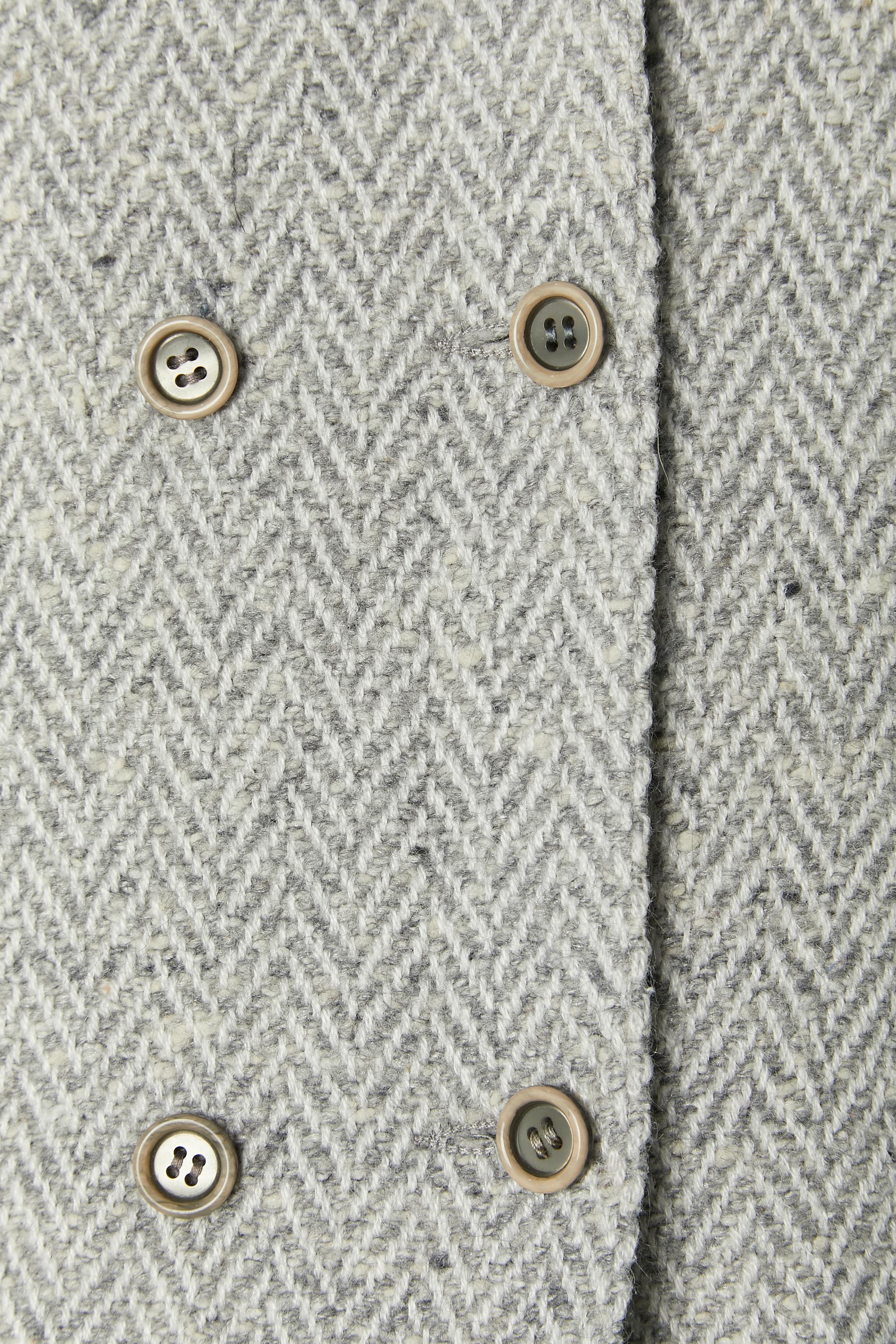 Gray Double breasted skirt suit in tweed with chevron pattern COURREGES For Sale