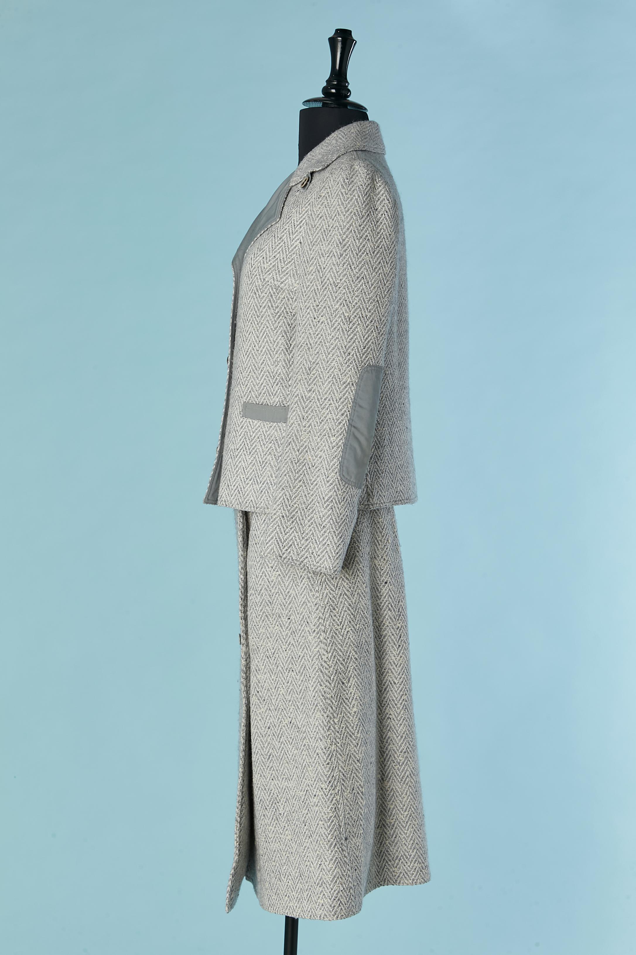Double breasted skirt suit in tweed with chevron pattern COURREGES For Sale 1