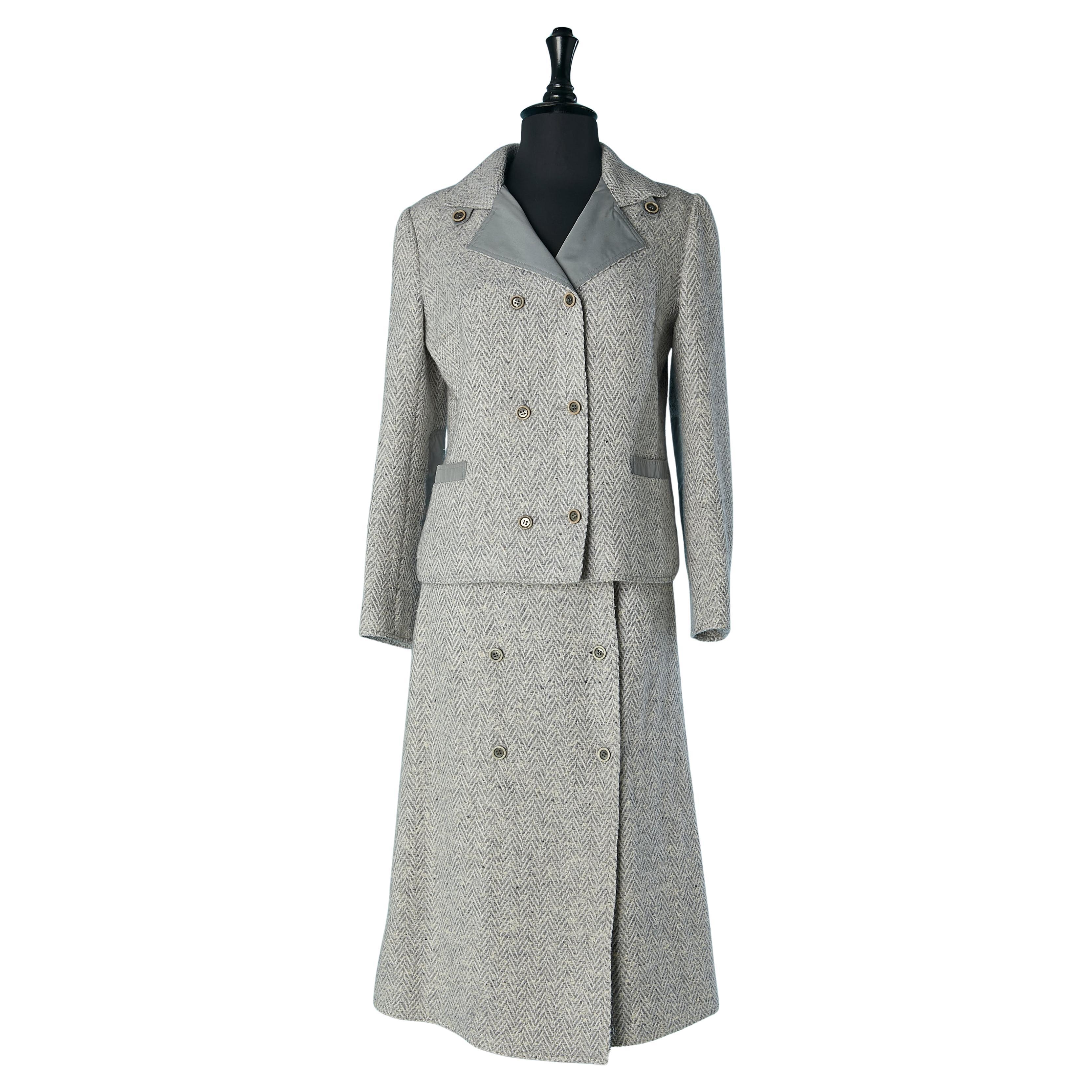 Double breasted skirt suit in tweed with chevron pattern COURREGES For Sale
