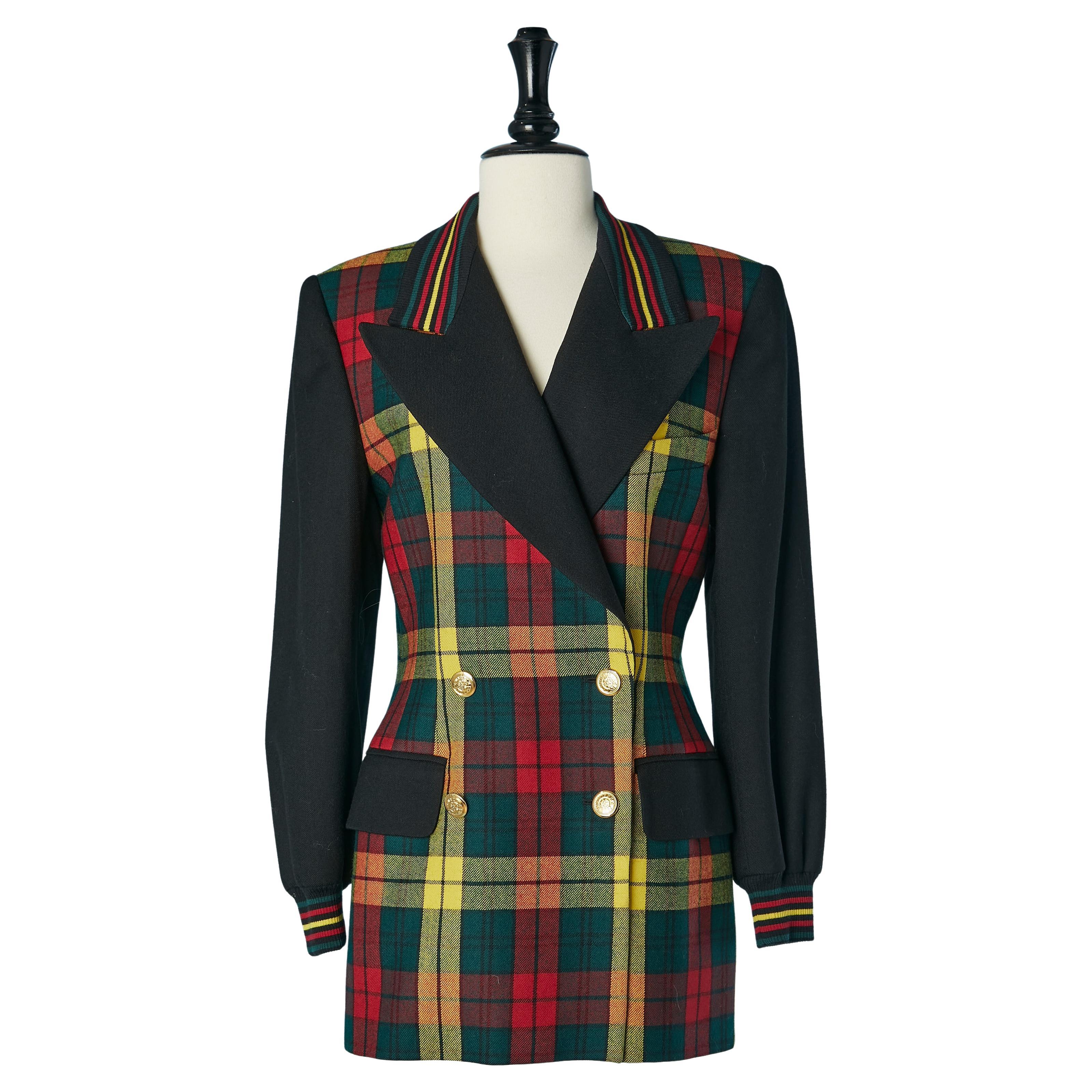 Double-breasted Tartan jacket with black sleeve ESCADA by Margaretha Ley For Sale