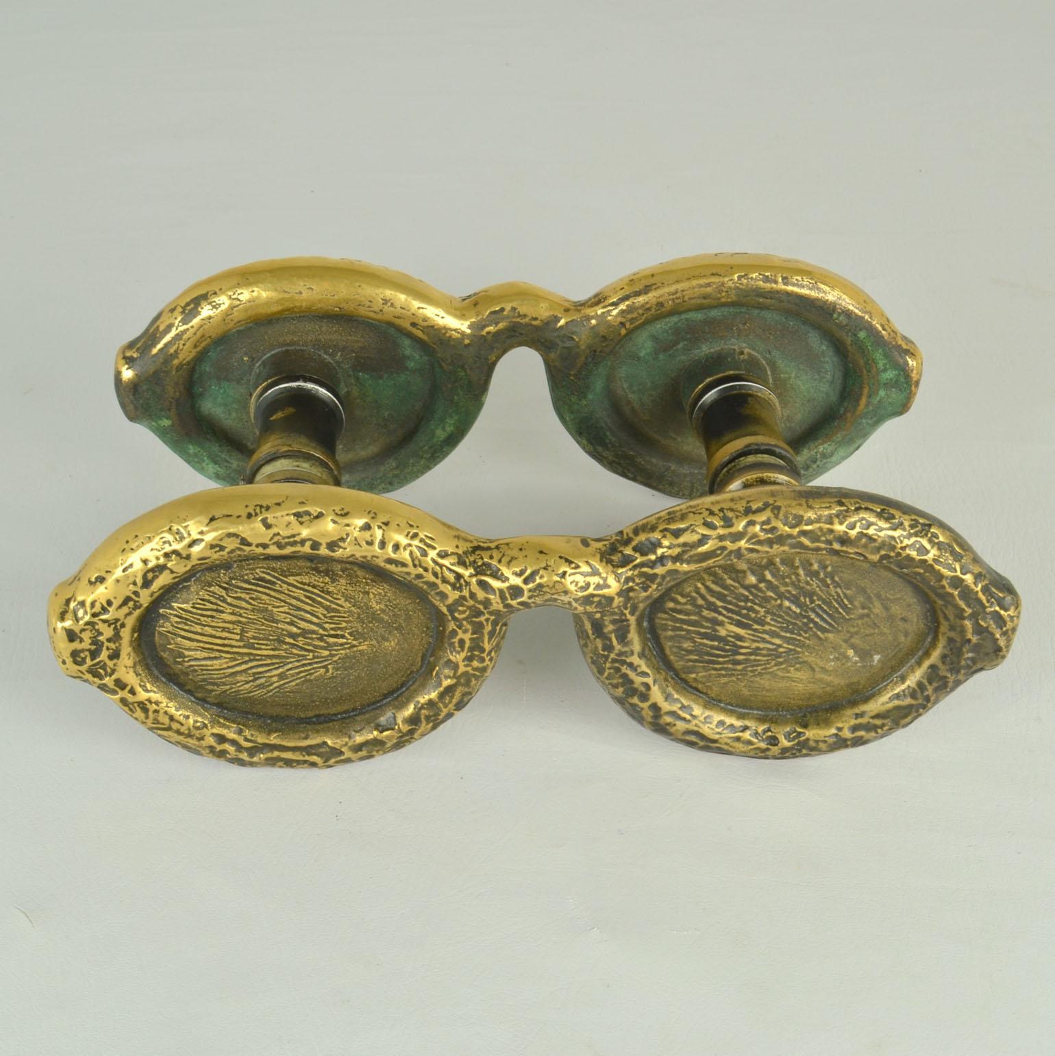 Late 20th Century Architectural Double Bronze Push Pull Door Handles with Eye Wear For Sale