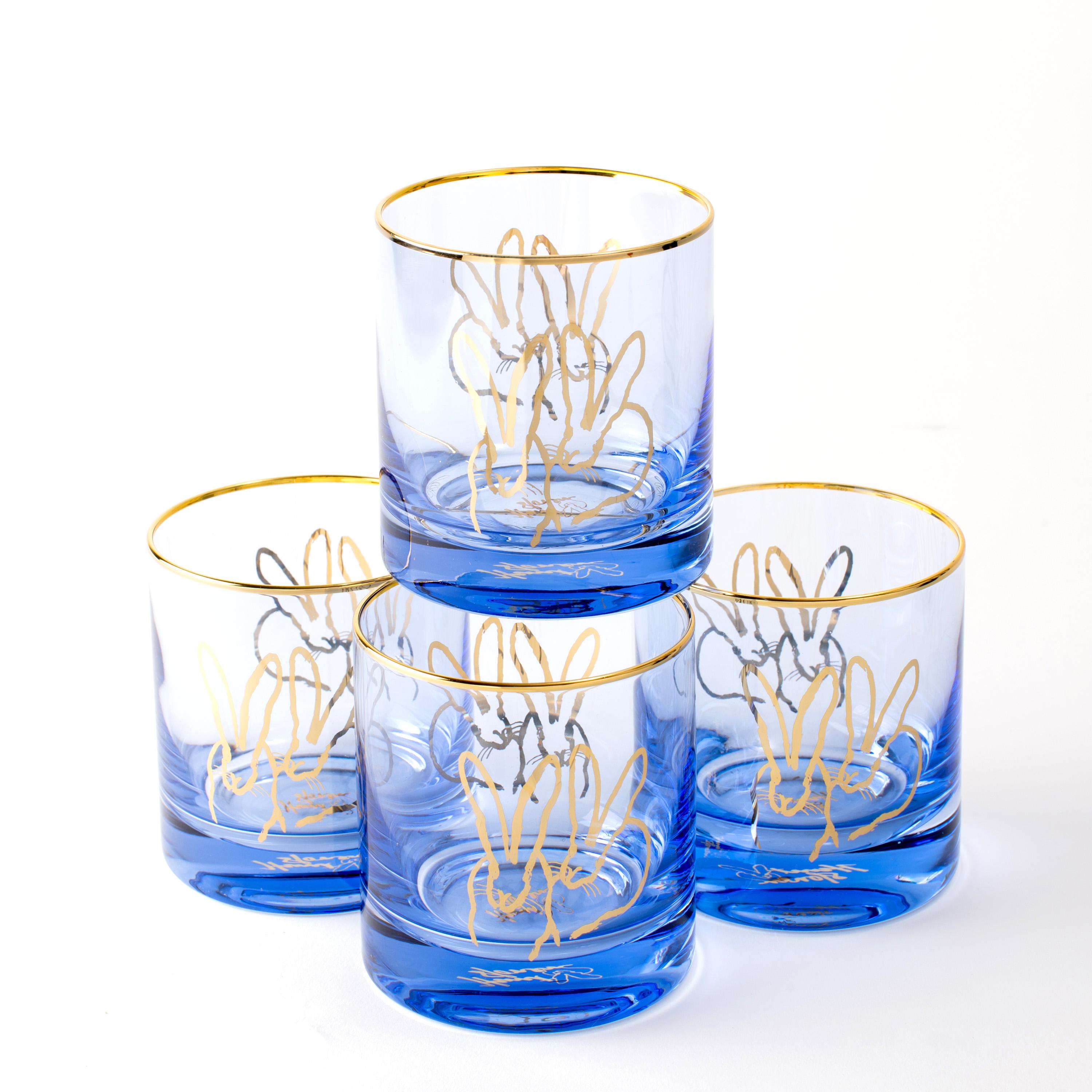 Hand-Crafted Hunt Slonem Double Bunny Old Fashioned Glasses, Mixed For Sale