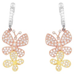 Double Butterfly Diamond Dangle Huggie Earrings 14K Tri Color Gold