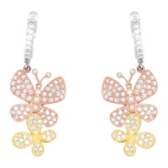 Double Butterfly Diamond Dangle Huggie Fashion Earrings 14K Tri Color Gold