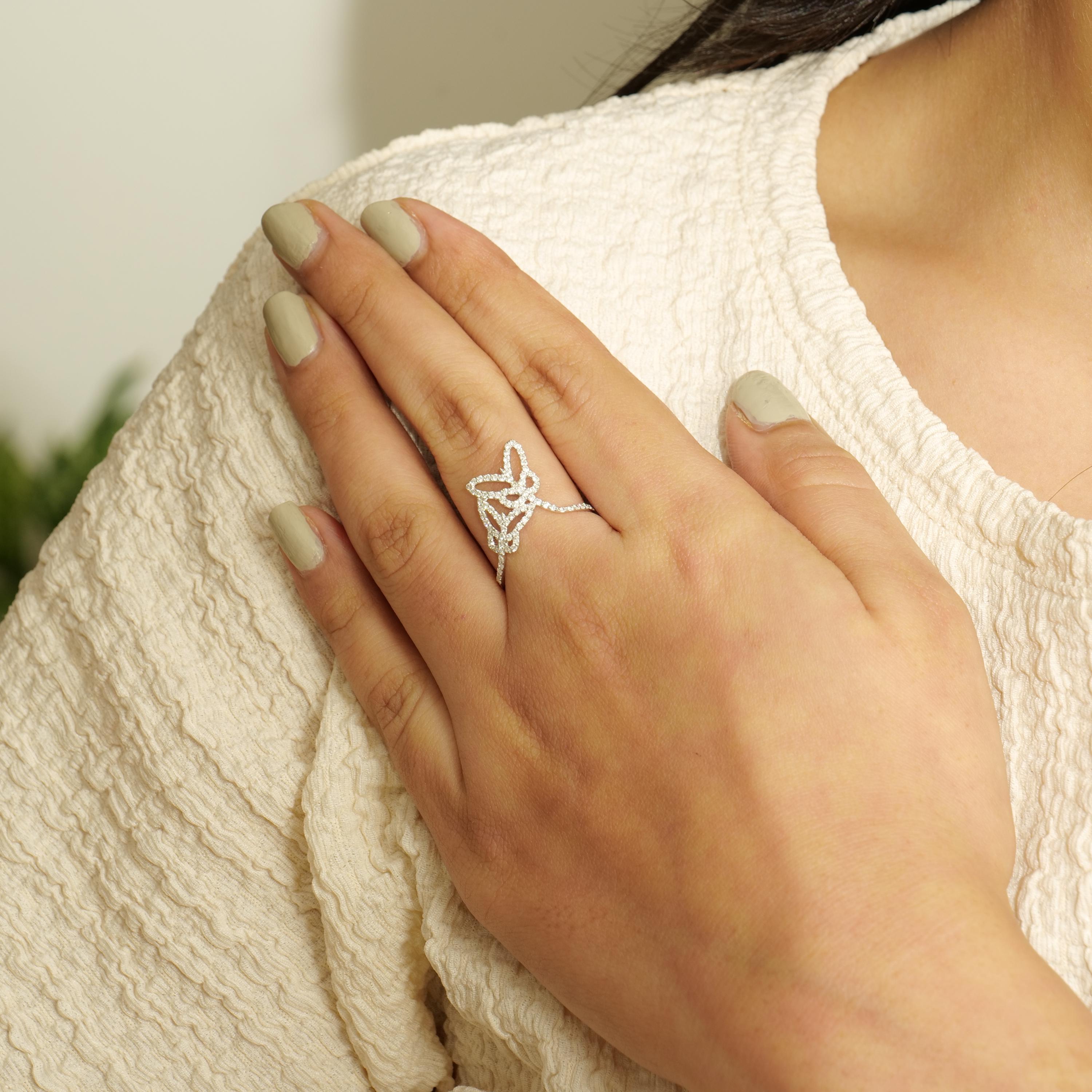 Art Déco Anello con doppio diamante naturale a farfalla in oro massiccio 14K (certificato) in vendita