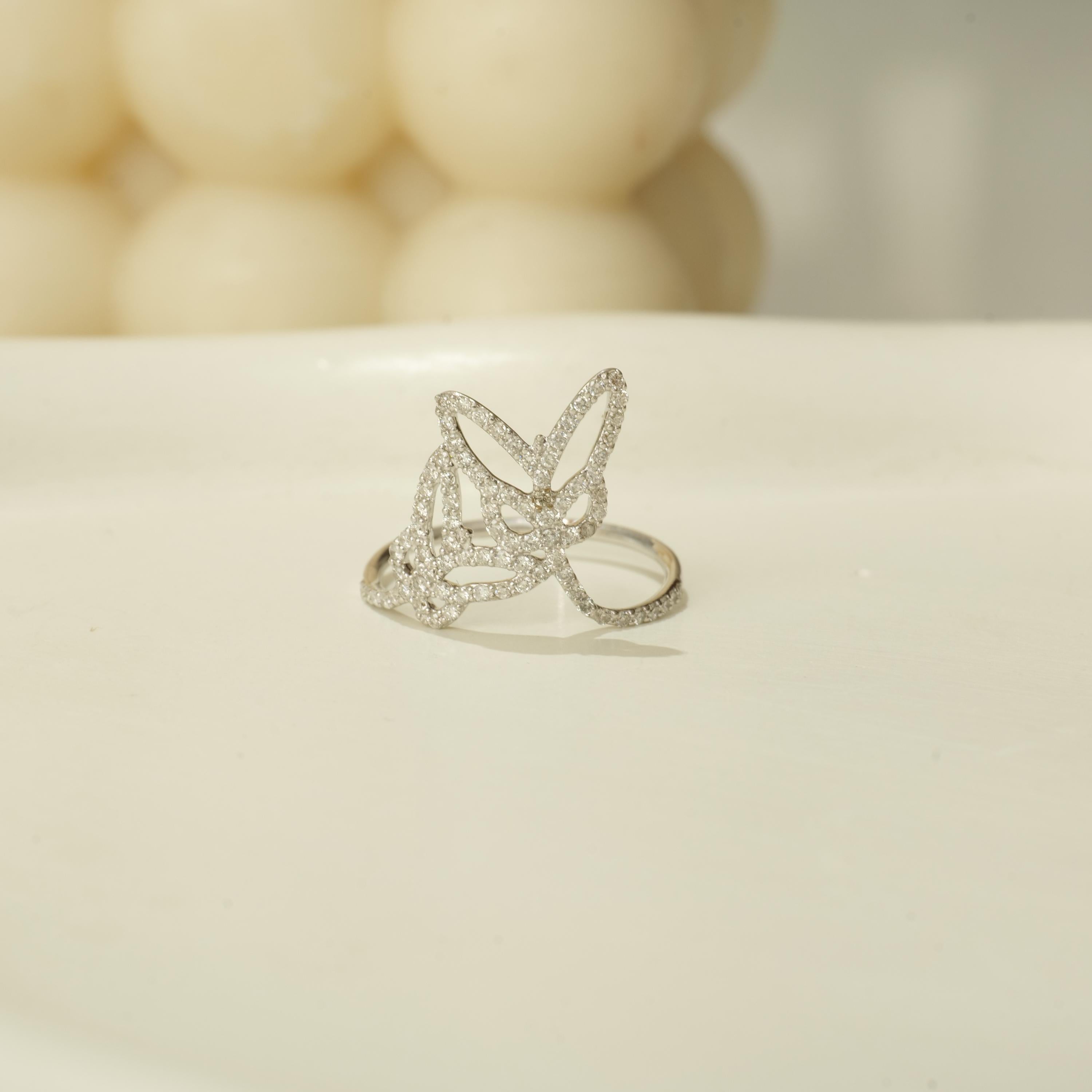 Anello con doppio diamante naturale a farfalla in oro massiccio 14K (certificato) in vendita 2