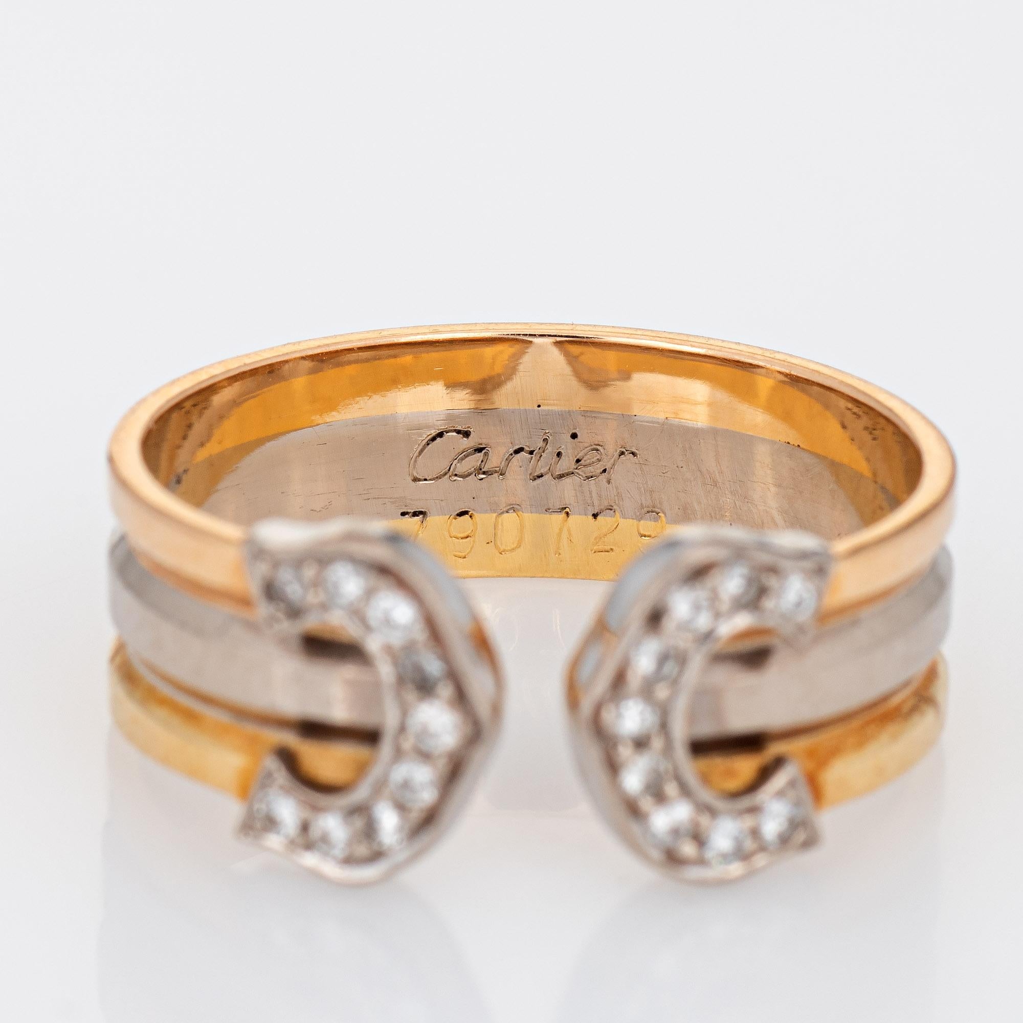 Modern Double C de Cartier Ring Diamond Vintage 18k Tri Gold with COA