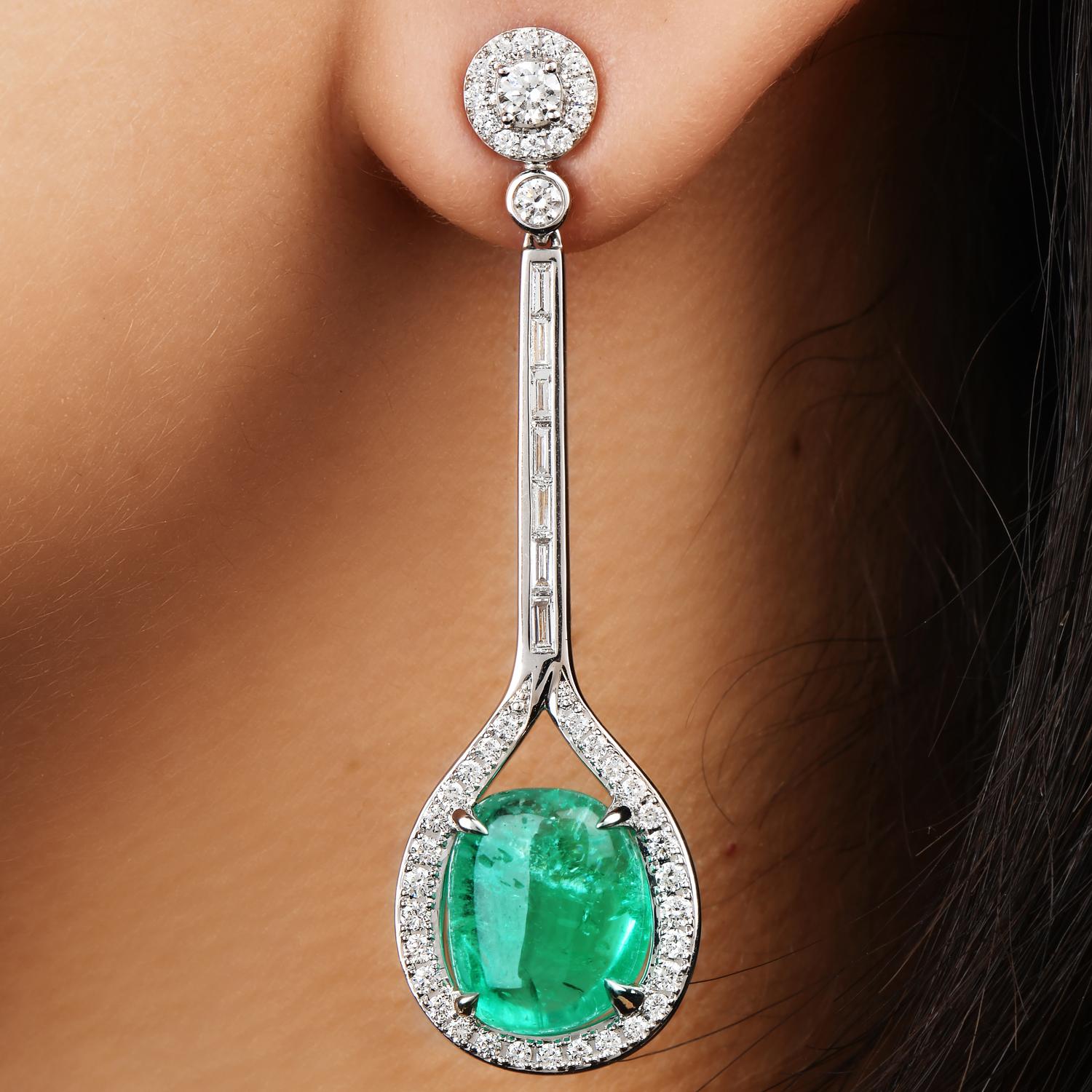 Modern Double Cabochon Emerald Diamond 18k Gold Drop Dangle Earrings
