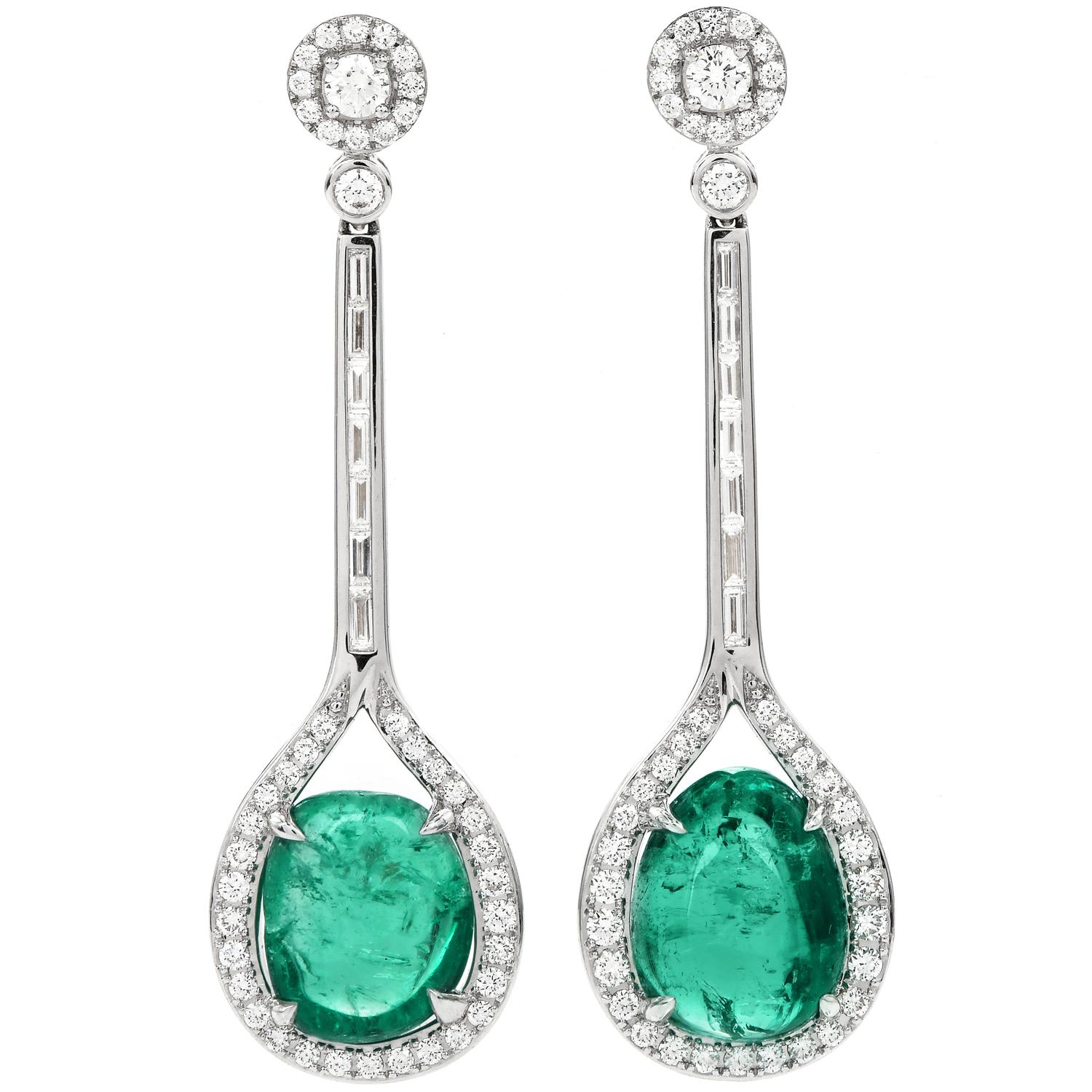 Double Cabochon Emerald Diamond 18k Gold Drop Dangle Earrings In Excellent Condition For Sale In Miami, FL