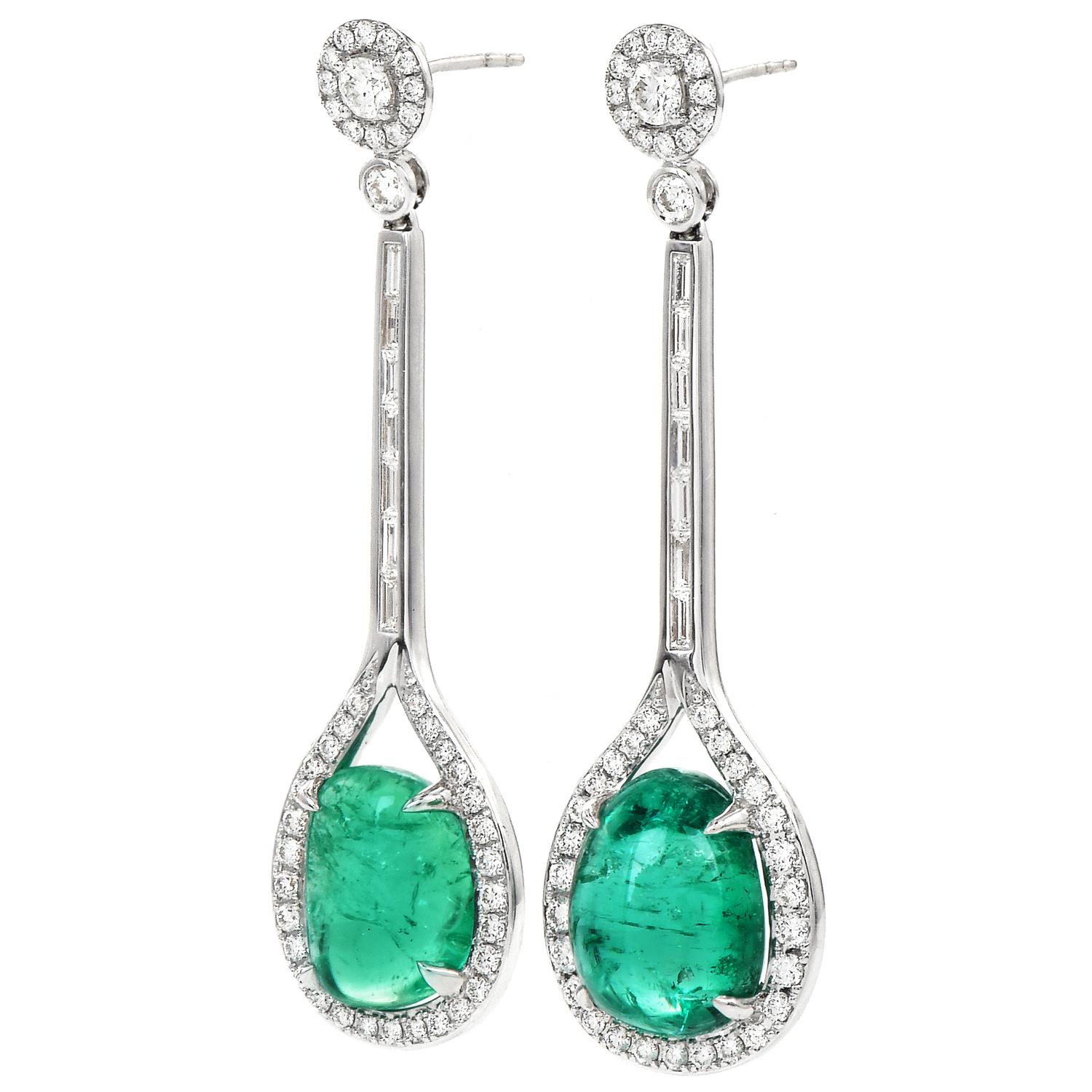 Women's Double Cabochon Emerald Diamond 18k Gold Drop Dangle Earrings For Sale