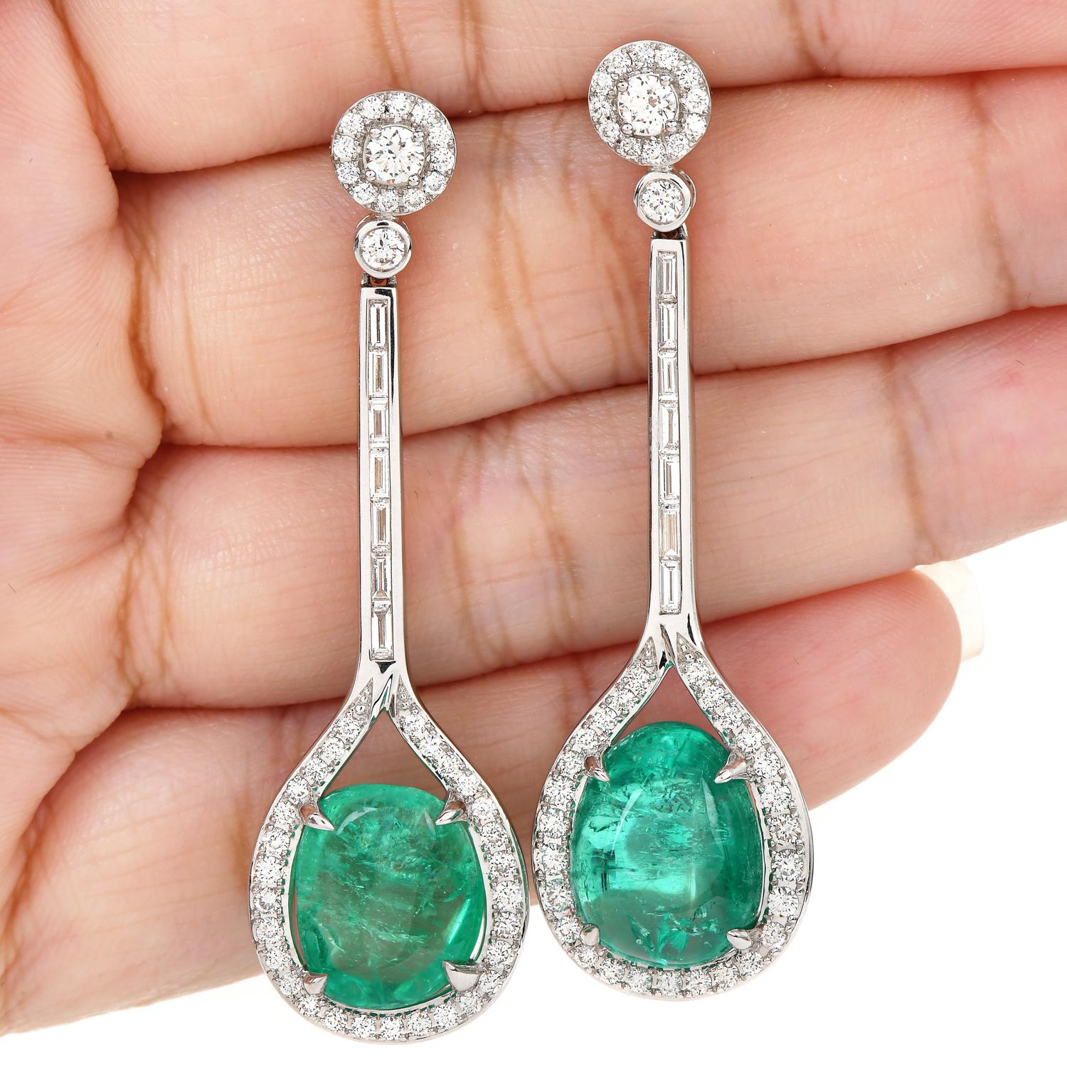 Double Cabochon Emerald Diamond 18k Gold Drop Dangle Earrings For Sale 1