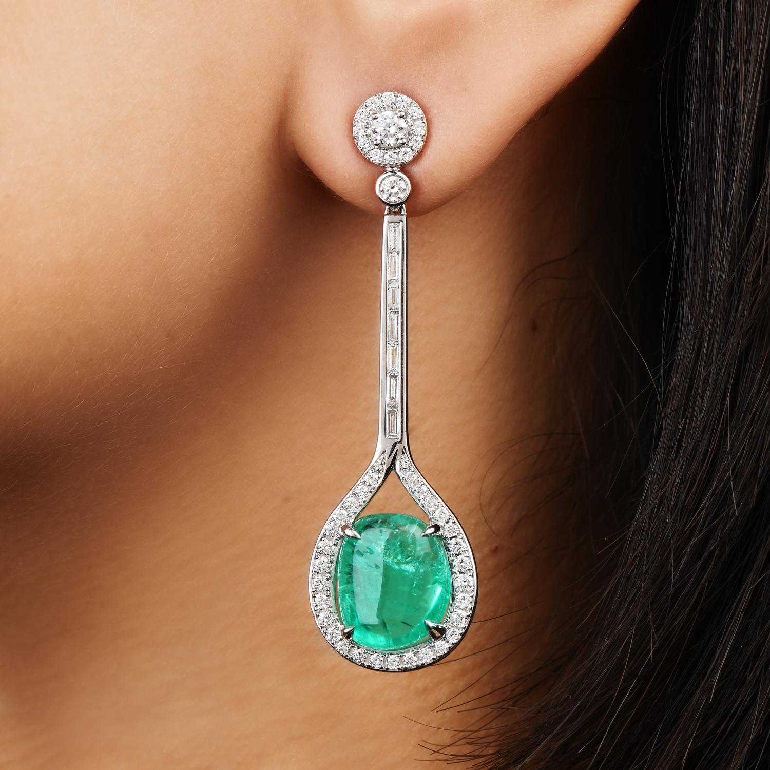 Double Cabochon Emerald Diamond 18k Gold Drop Dangle Earrings For Sale 2