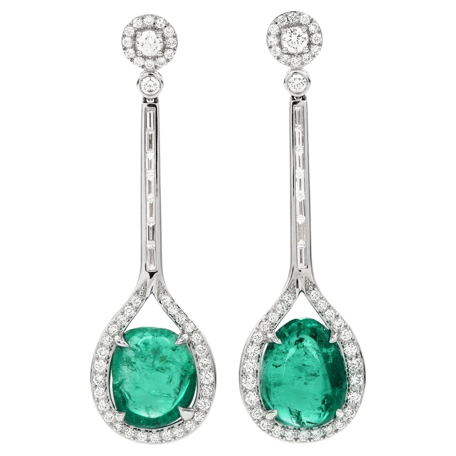 Double Cabochon Emerald Diamond 18k Gold Drop Dangle Earrings