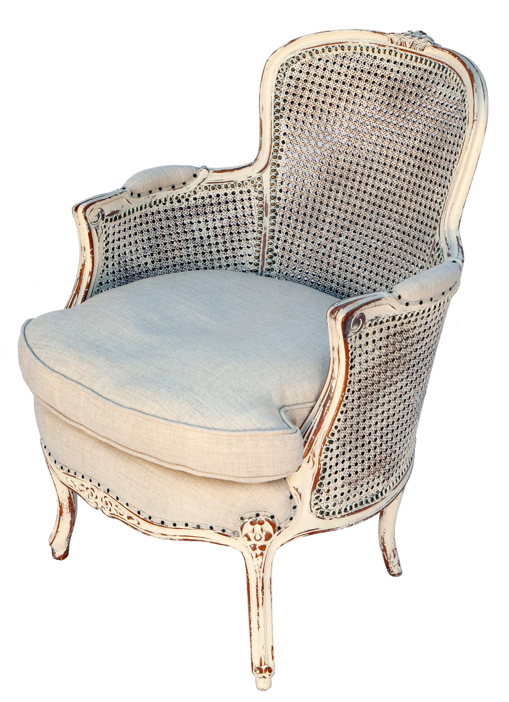 French Provincial Double-caned Hand-carved & Painted French Chair with New Linen Upholestry For Sale