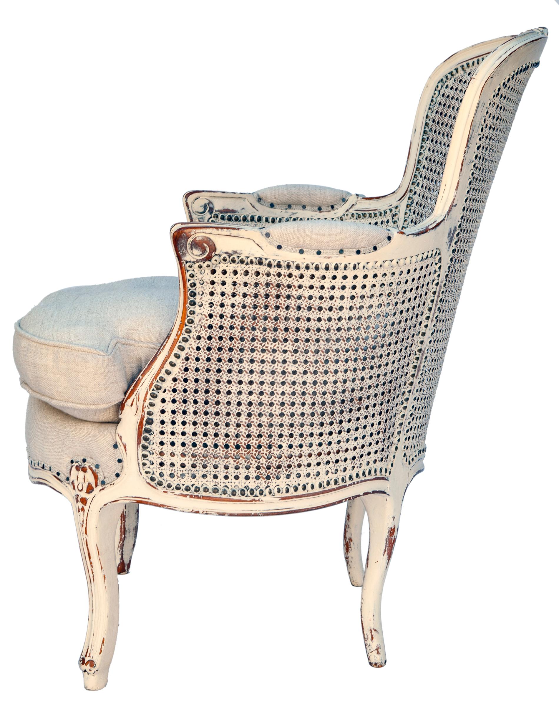 Double-caned Hand-carved & Painted French Chair with New Linen Upholestry In Good Condition For Sale In Malibu, CA