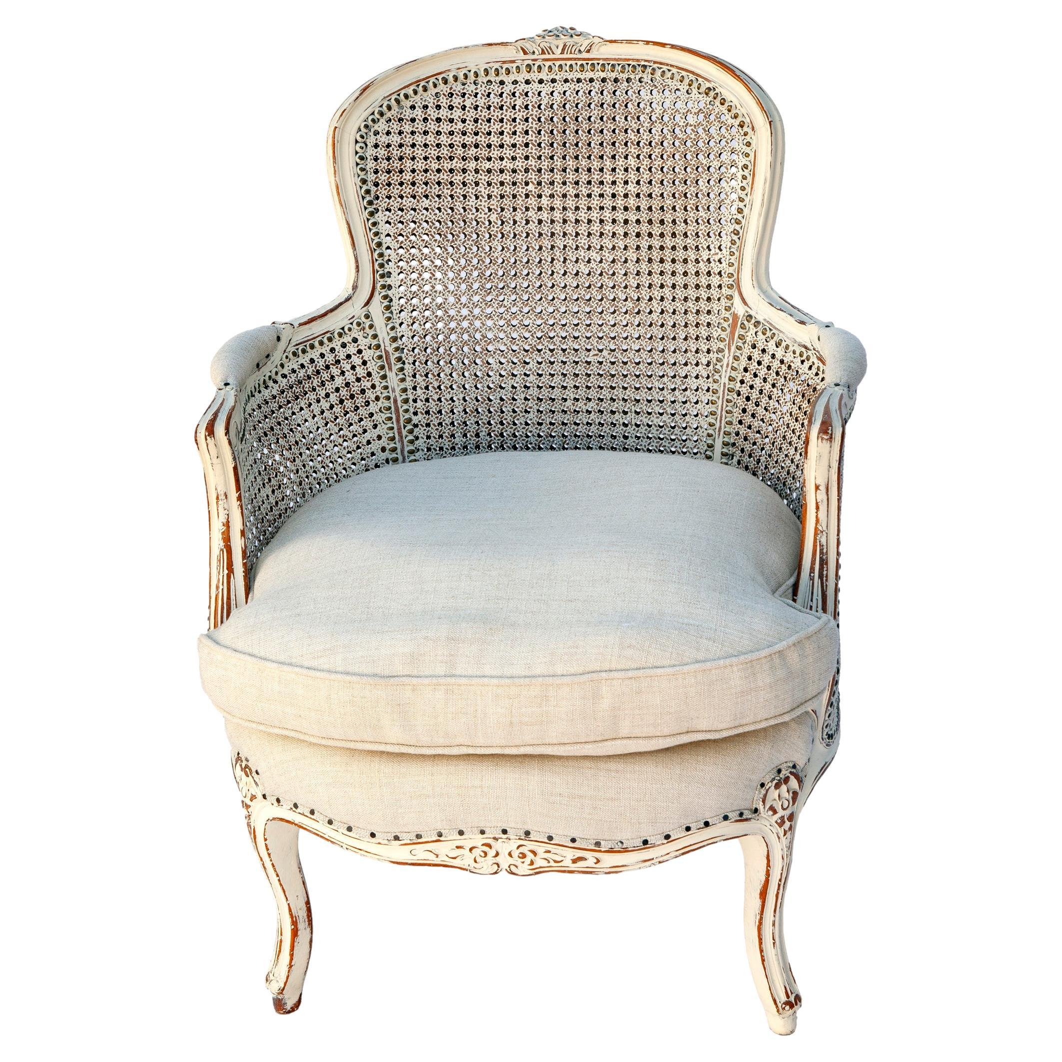 Double-caned Hand-carved & Painted French Chair with New Linen Upholestry For Sale