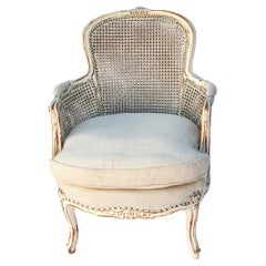 Double-caned Hand-carved & Painted French Chair with New Linen Upholestry