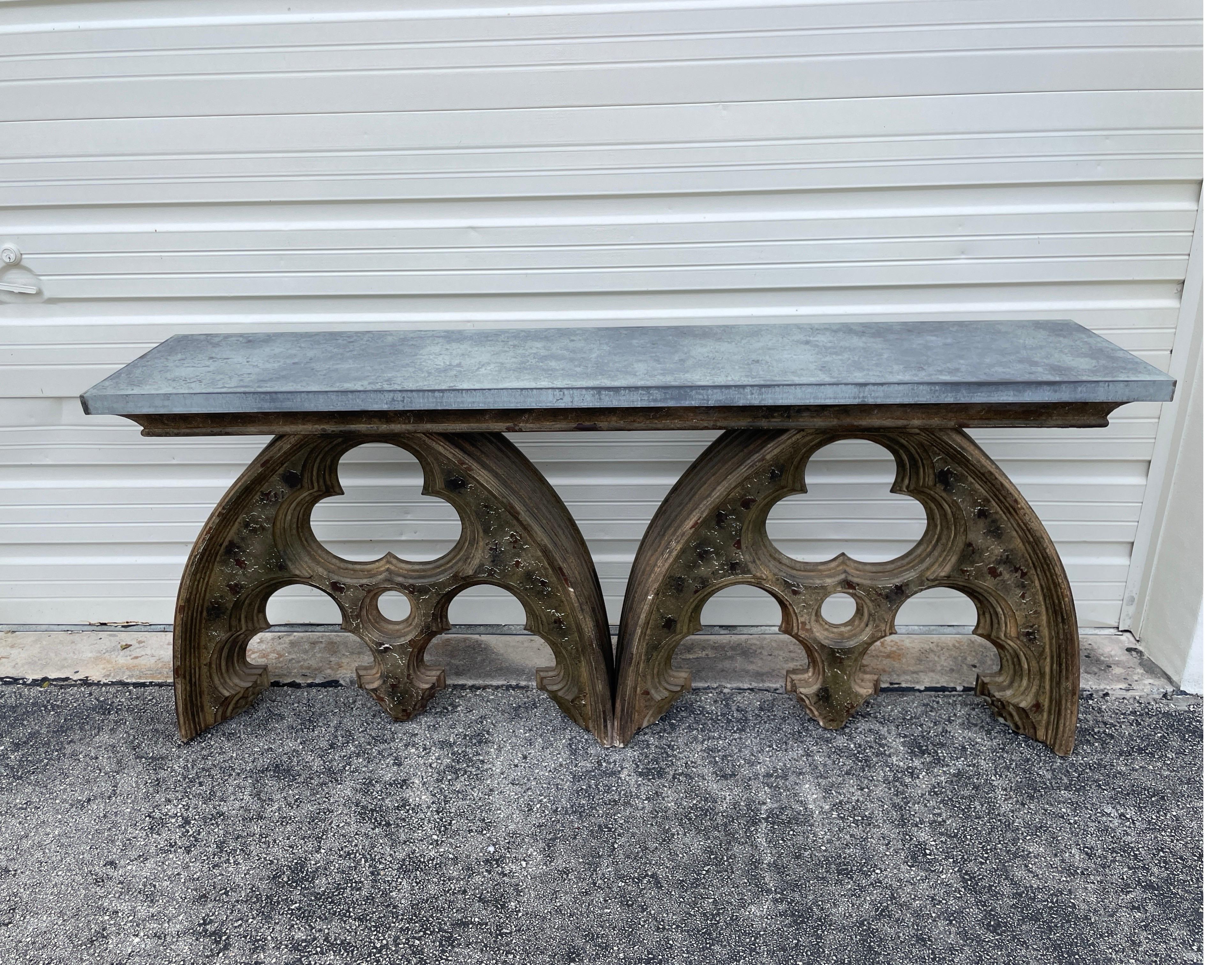 Double Cathedral Wood Arch console table with zinc metal top. A great architectural statement.
