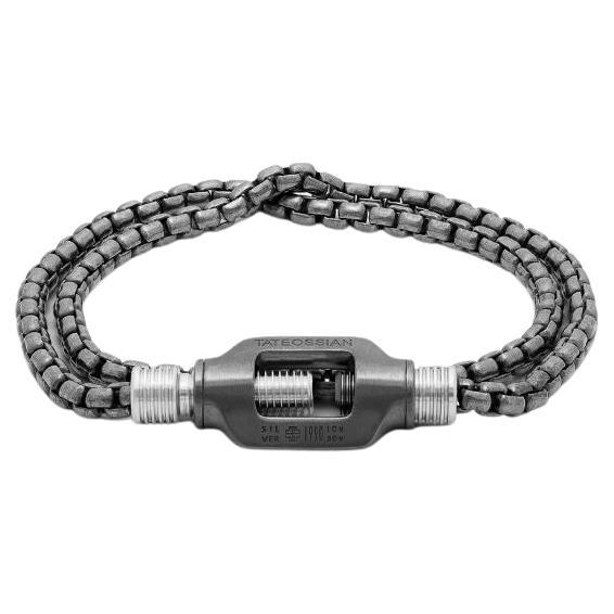 Double Chain Bolt Bracelet in Oxidised Sterling Silver, Size M For Sale