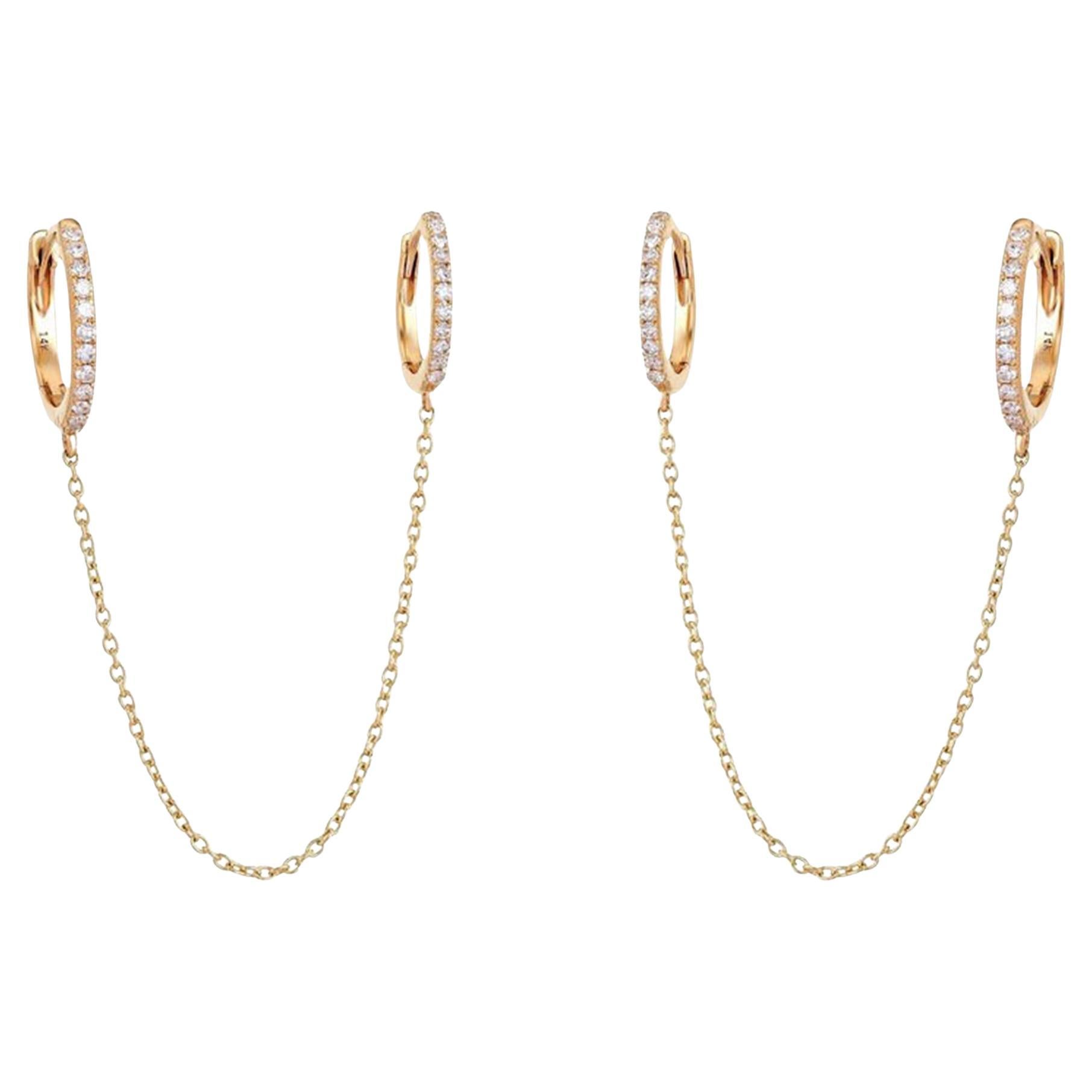 Double Chain Diamond 14K (or 18k upon request) Yellow Gold Huggie Earrings