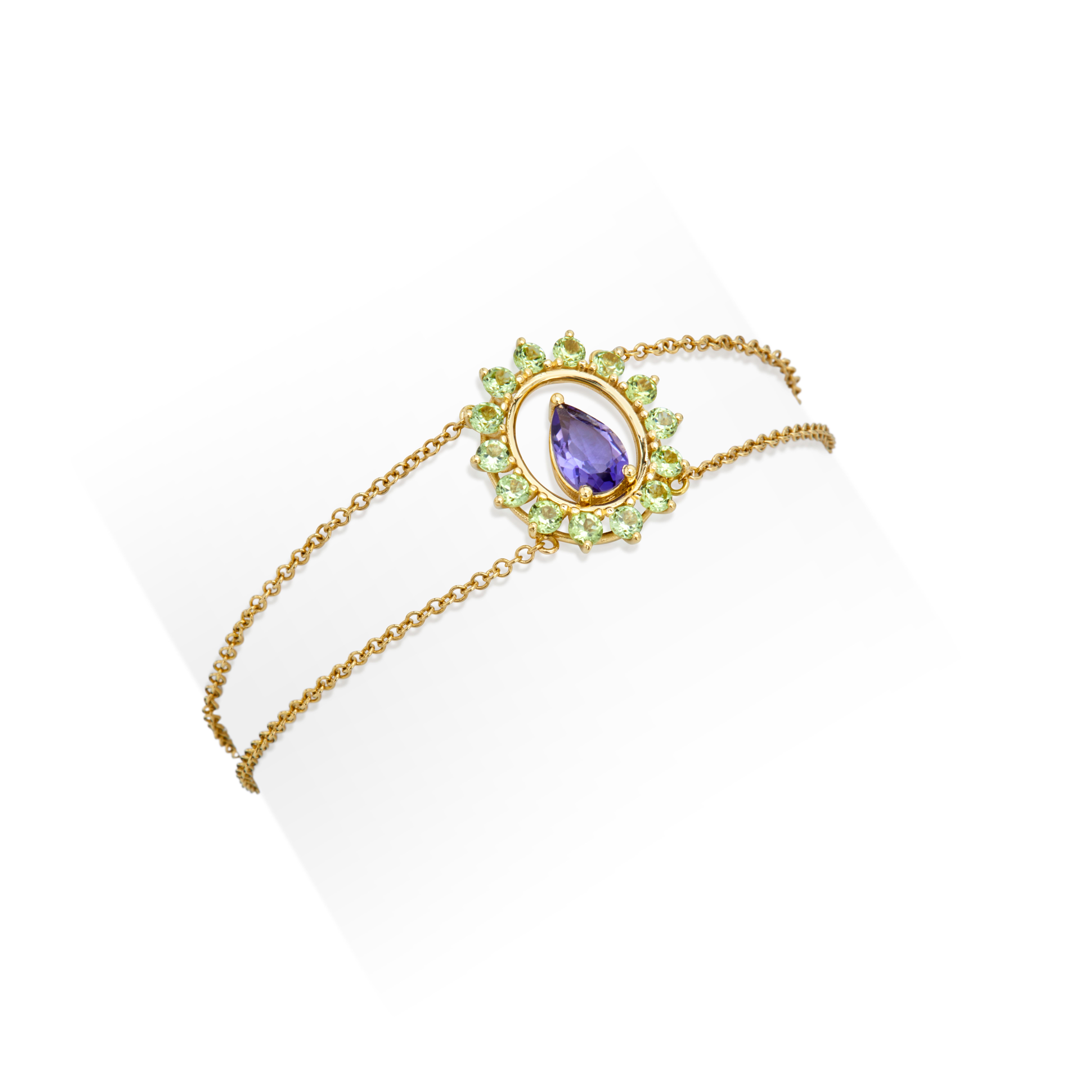 Modern Double Chain Reast Bracelet 18kt Yellow Gold with Iolite and Peridot Ovel Shape For Sale