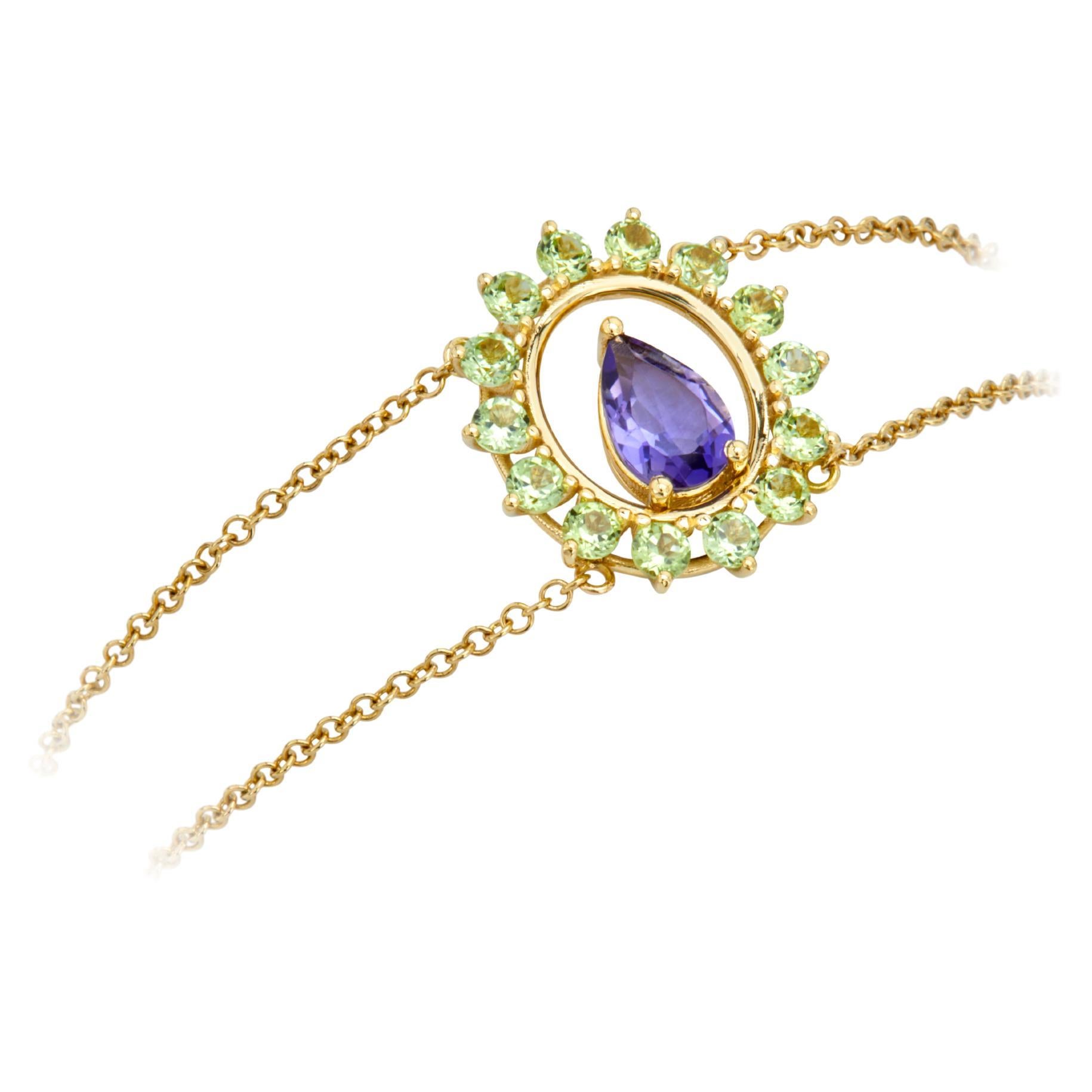 Double Chain Reast Bracelet 18kt Yellow Gold with Iolite and Peridot Ovel Shape For Sale