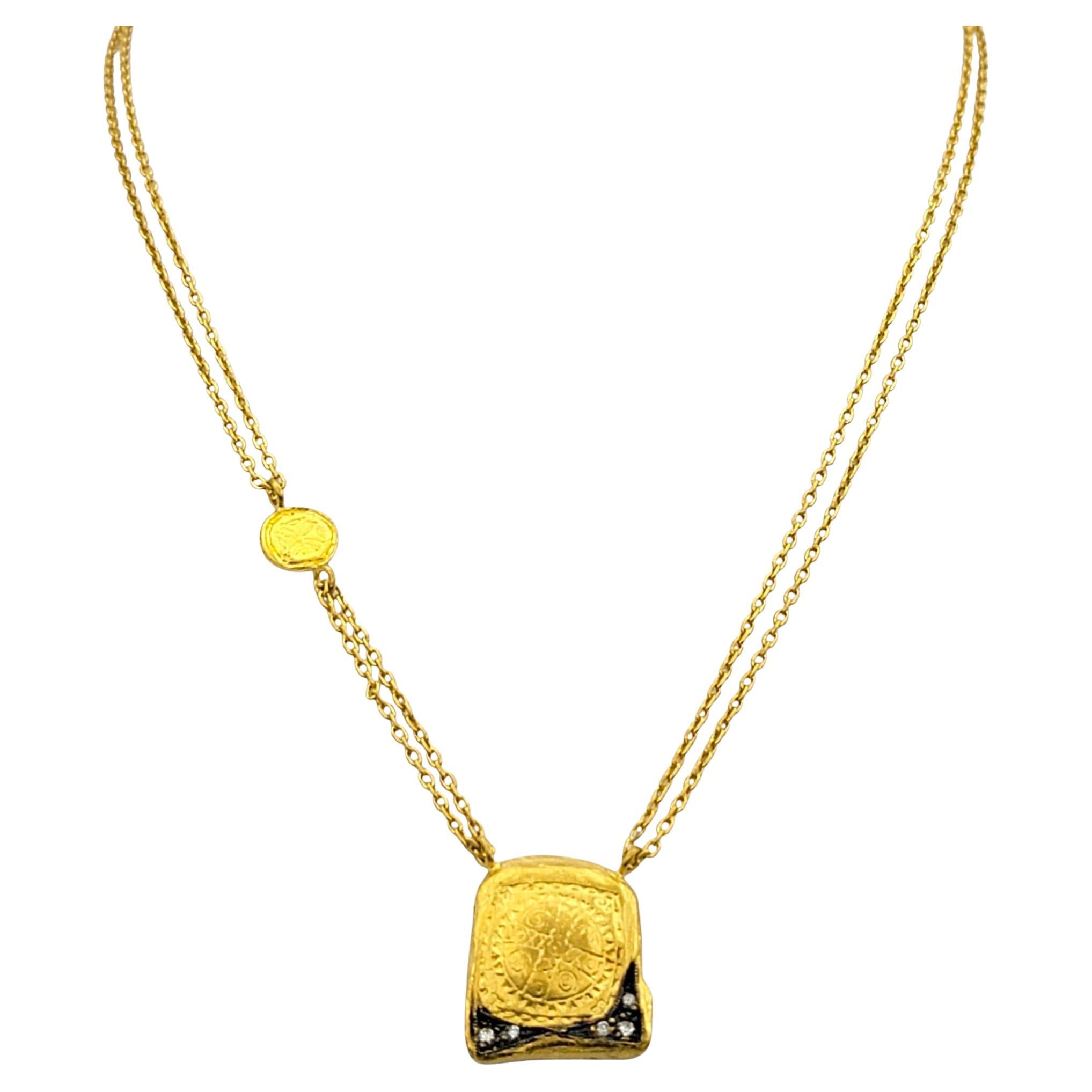 Double Chain Tablet Pendant Necklace with Diamonds in 23.65 Karat Yellow Gold