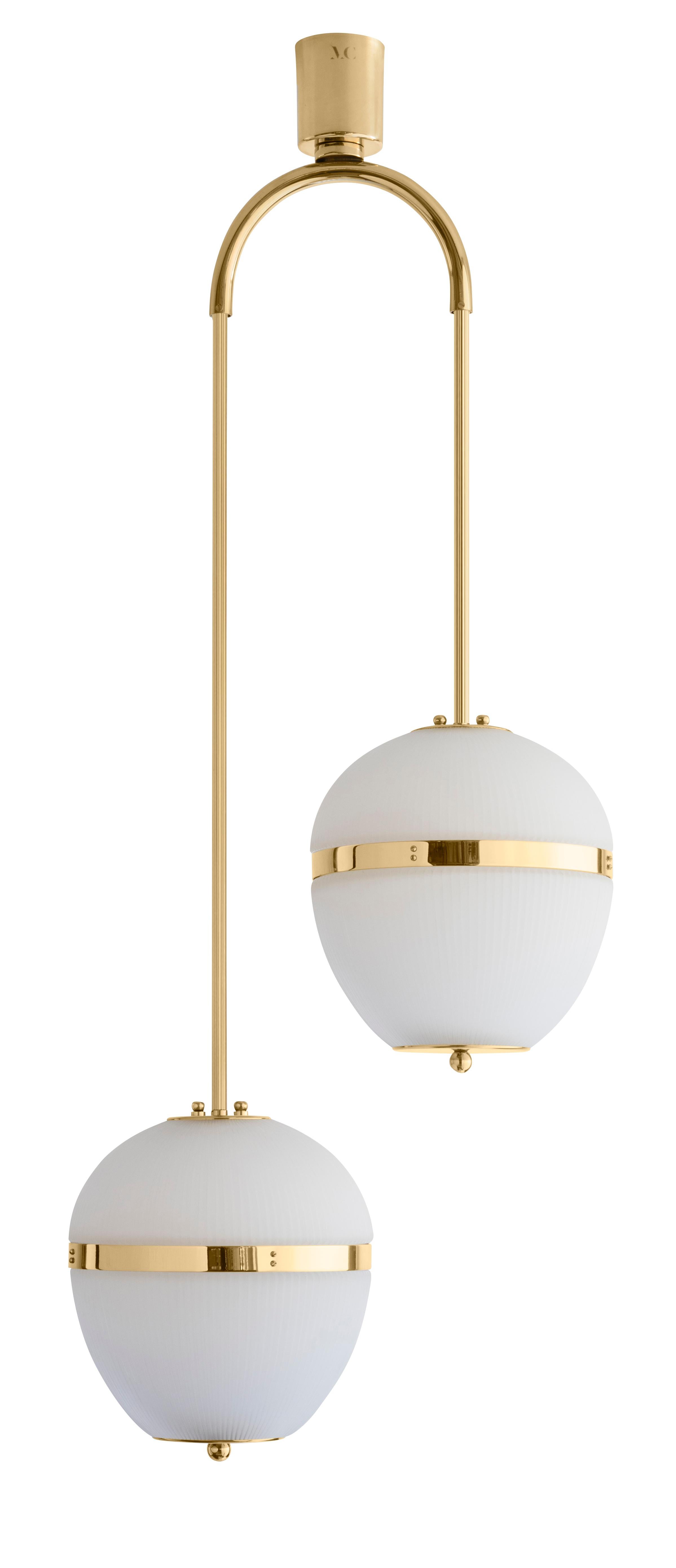Double chandelier China 02 by Magic Circus Editions
Dimensions: H 112 x W 43.3 x D 25 cm
Materials: Brass, mouth blown glass sculpted with a diamond saw
Colour: soft rose

Available finishes: Brass, nickel
Available colours: enamel soft white,