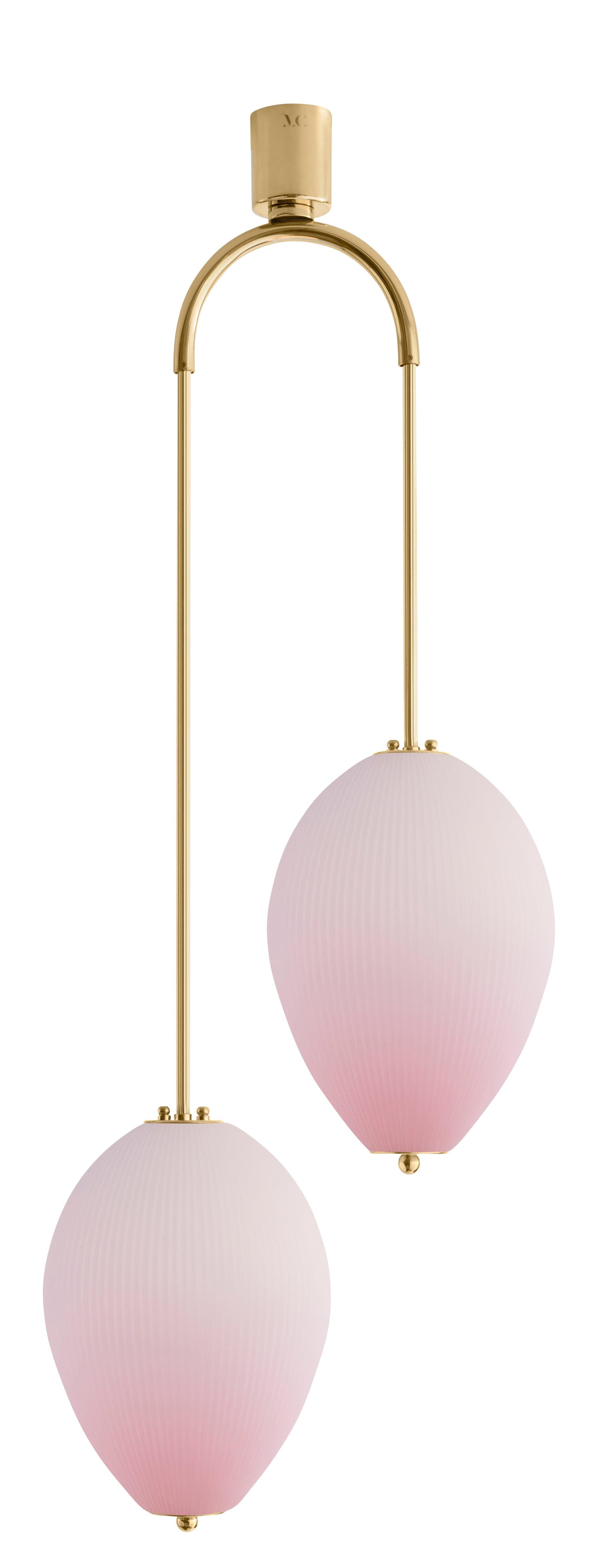 Double chandelier China 10 by Magic Circus Editions
Dimensions: H 121.5 x W 44.3 x D 25.2 cm
Materials: Brass, mouth blown glass sculpted with a diamond saw
Colour: soft rose

Available finishes: Brass, nickel
Available colours: enamel soft