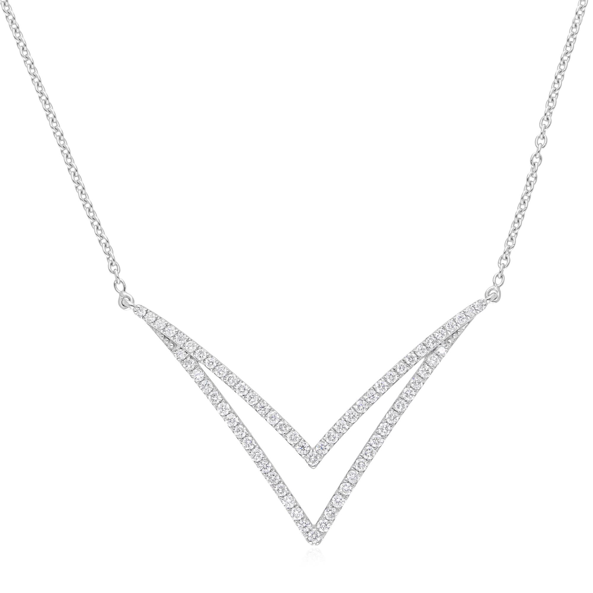 Women's Double Chevron Natural SI/H Diamond Pendant Necklace 14K Solid White Gold For Sale
