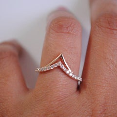 Double Chevron V Wedding Ring 14k Gold Stackable Diamond Band Unique Gift.