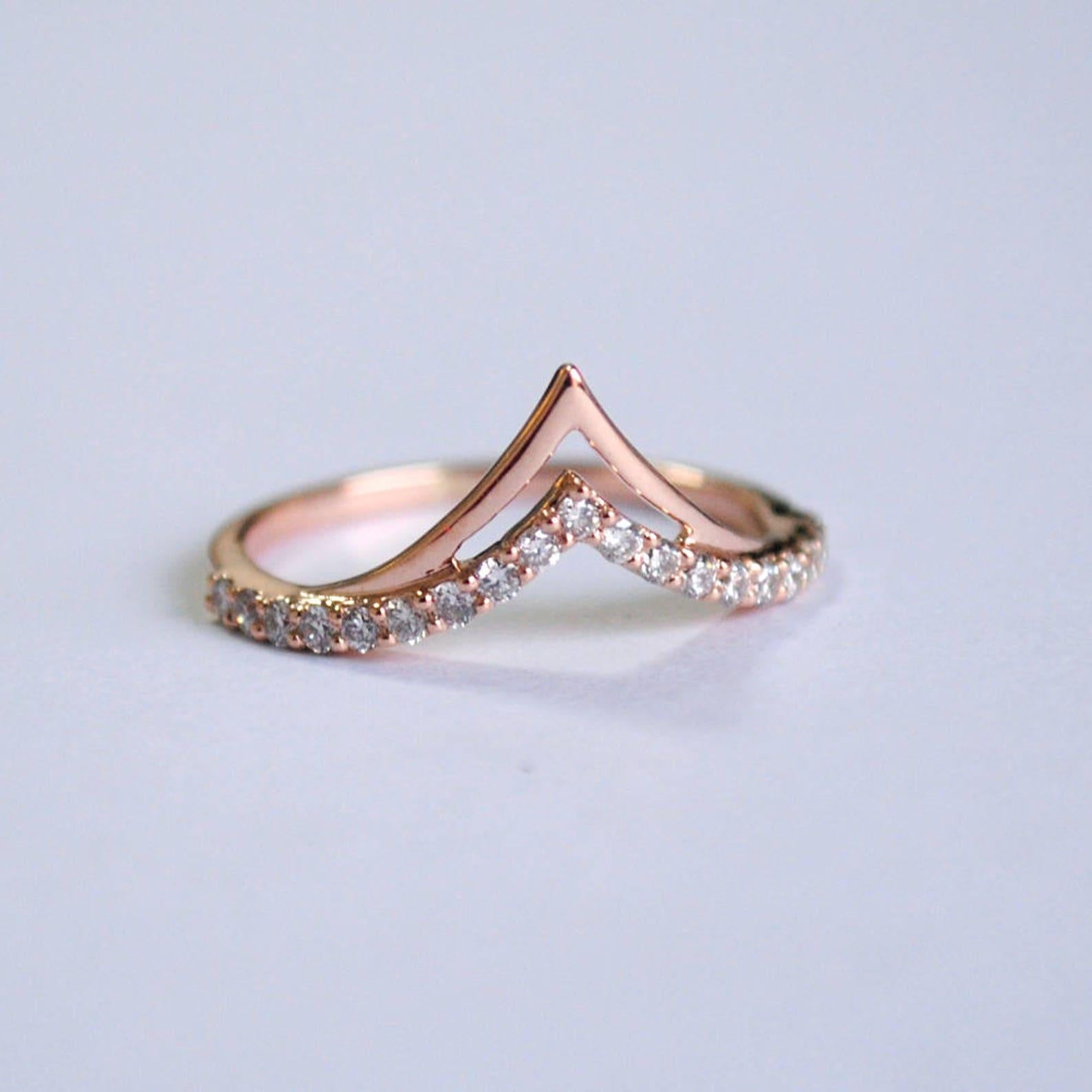 Double Chevron V Wedding Ring 14k Gold Stackable Diamond Band Unique Gift. For Sale 1