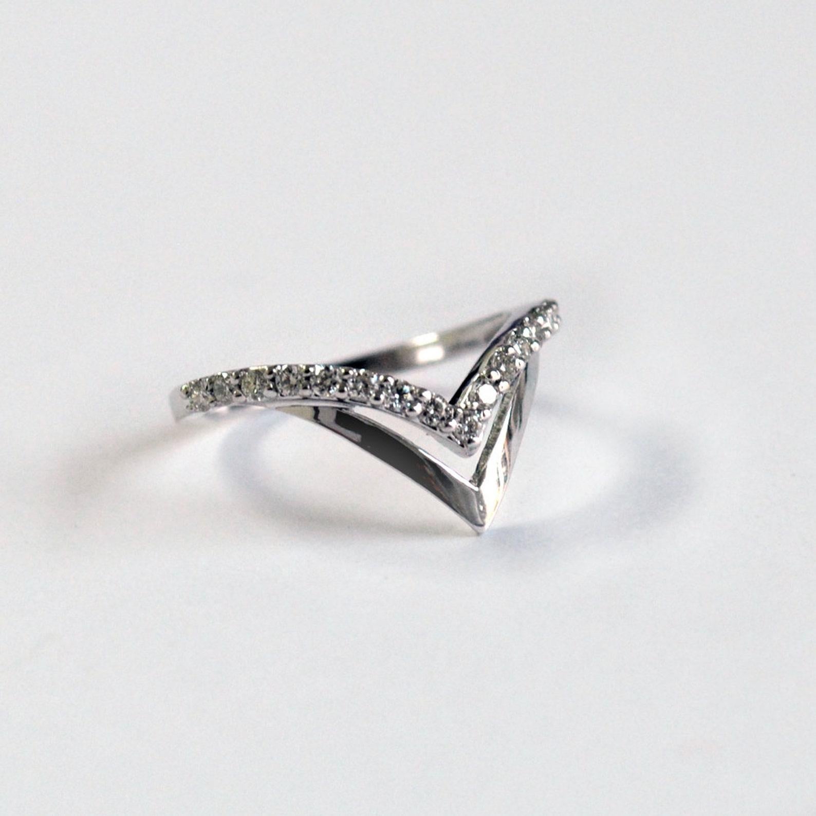 Double Chevron V Wedding Ring 14k Gold Stackable Diamond Band Unique Gift. For Sale 2