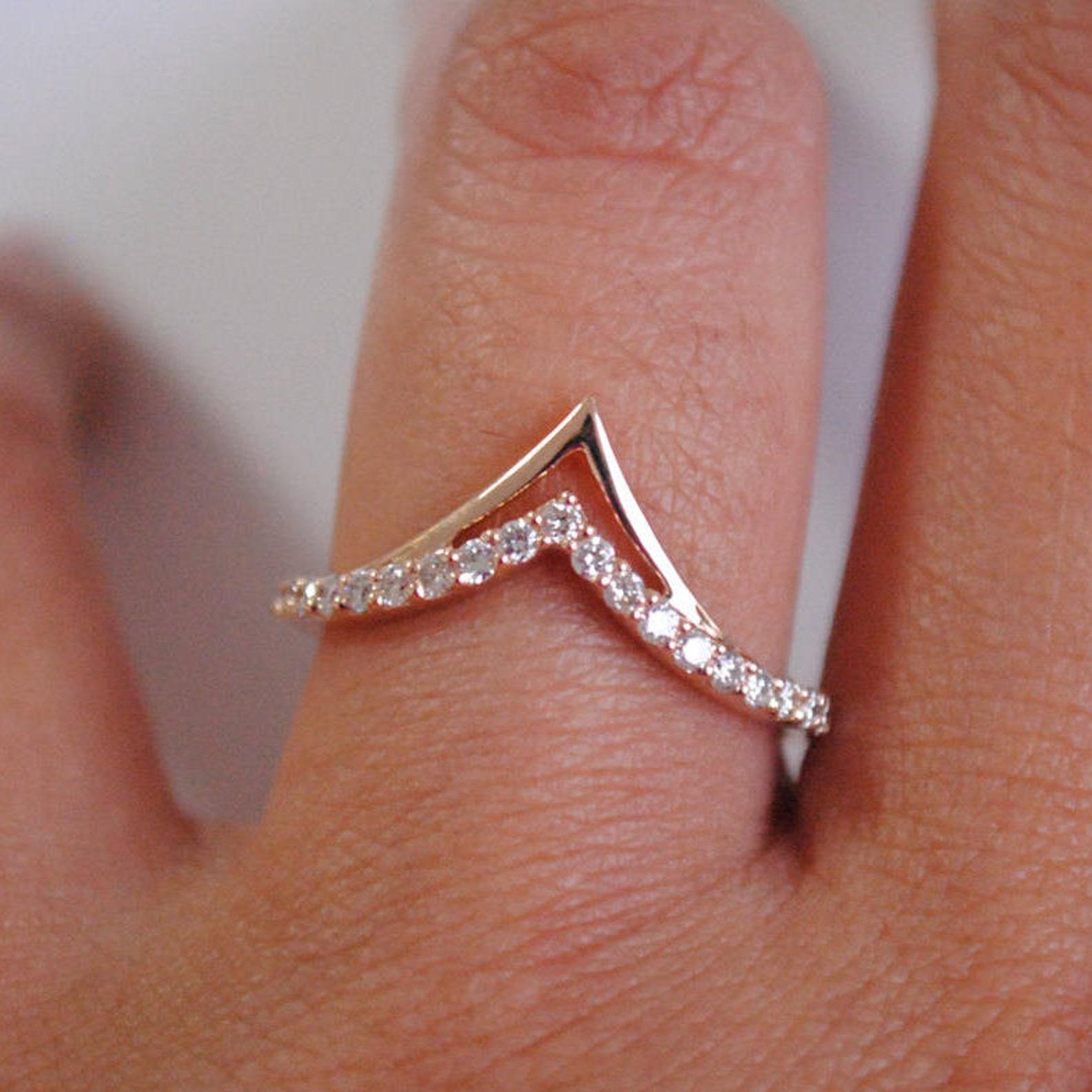 Double Chevron V Wedding Ring 14k Gold Stackable Diamond Band Unique Gift. For Sale 3